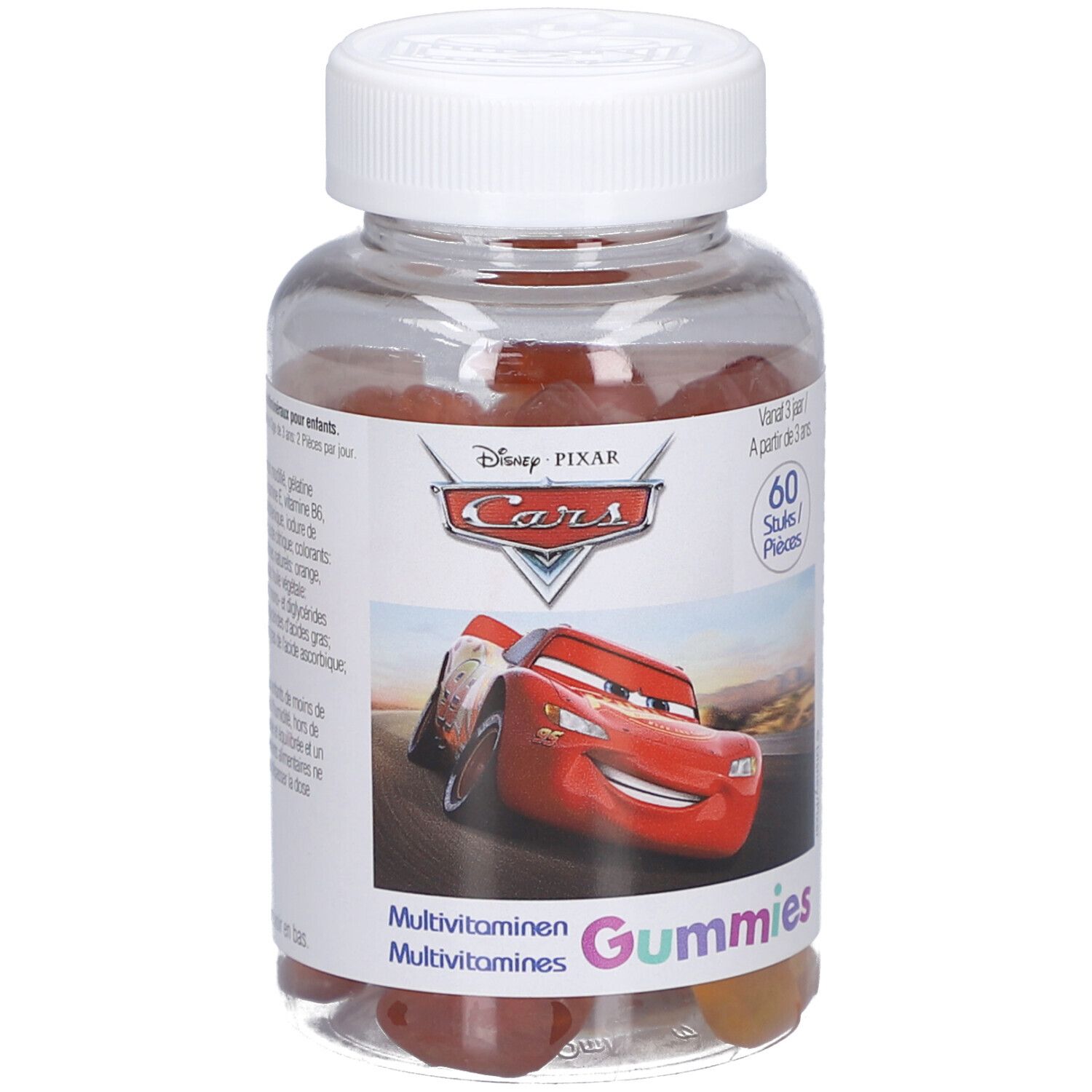 Flacon transparent avec bonbons gélifiés rouges. Inscription : Disney Pixar Cars, Multivitamines Gummies. 60 pièces.