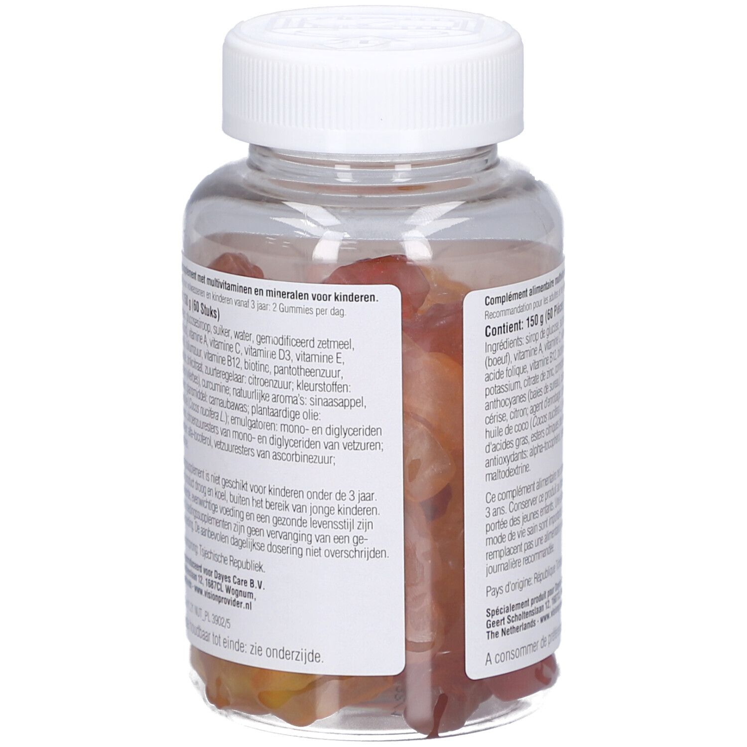 Dos d'un flacon transparent avec bonbons gélifiés rouges. Contient des informations sur les ingrédients et la valeur nutritionnelle.