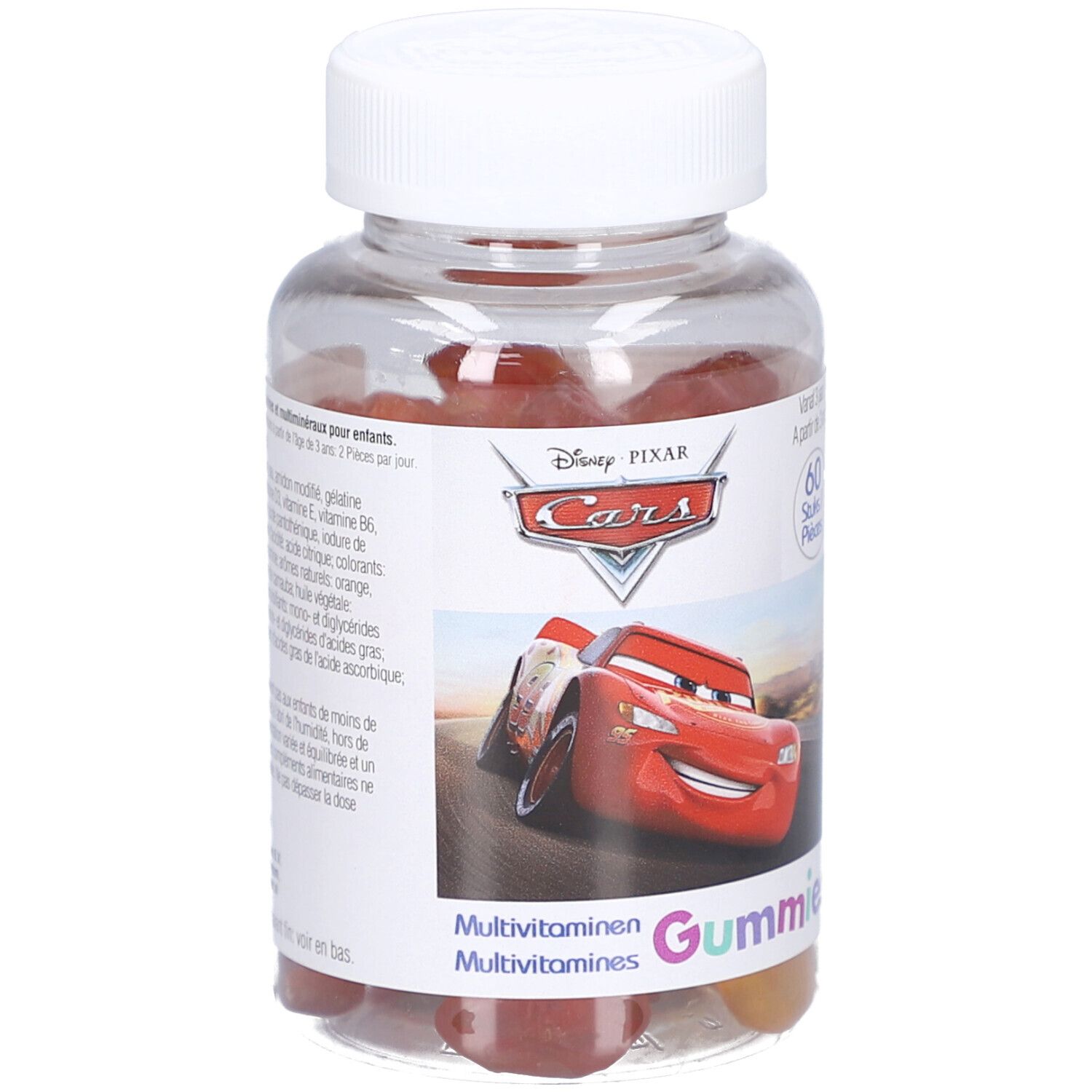 Emballage du produit : flacon et boîte. Inscription : Disney Pixar Cars, Multivitamines Gummies. 60 pièces.