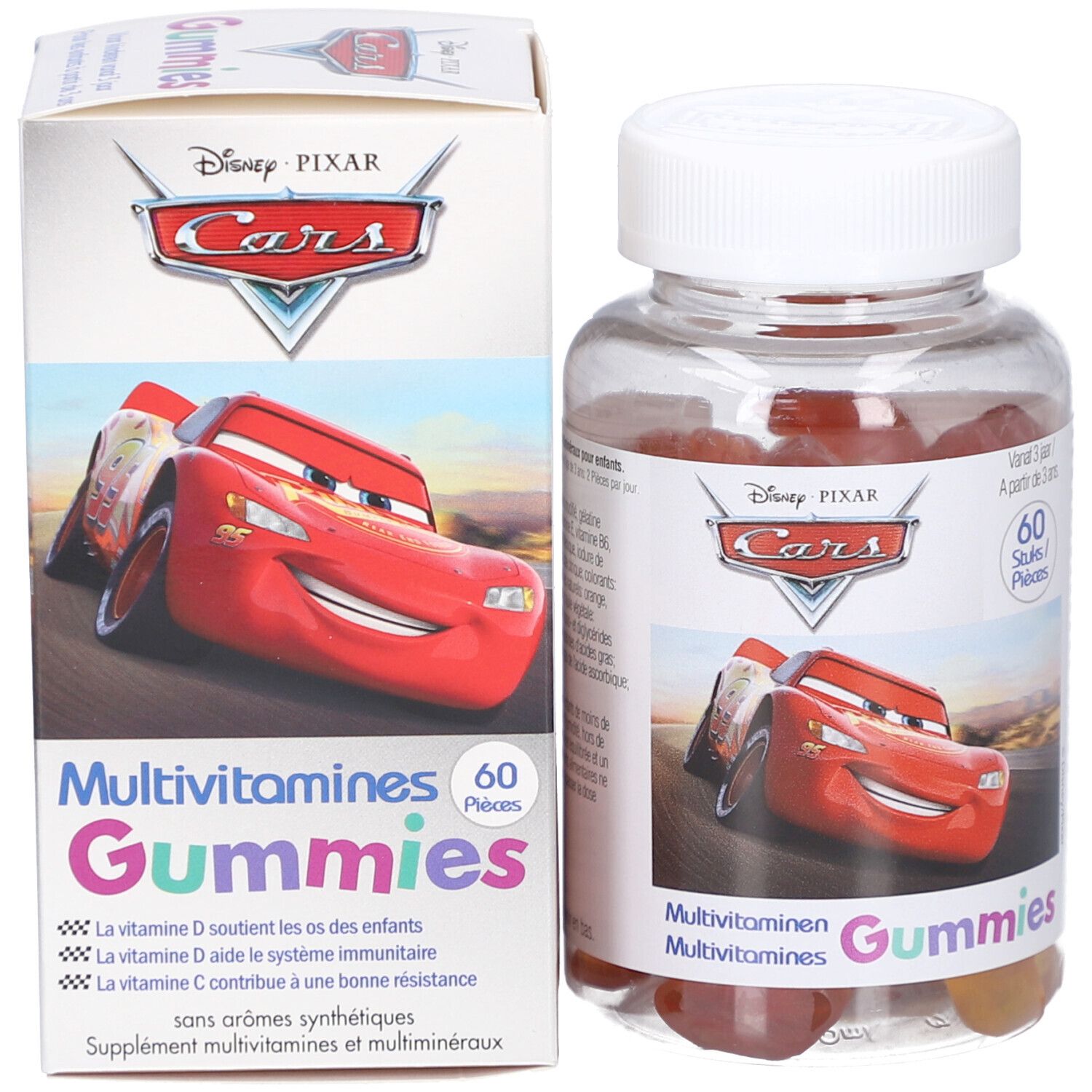 Boîte en carton avec motif Disney Cars. Inscription : Multivitamines Gummies. 60 pièces. Contient de la vitamine D et C.
