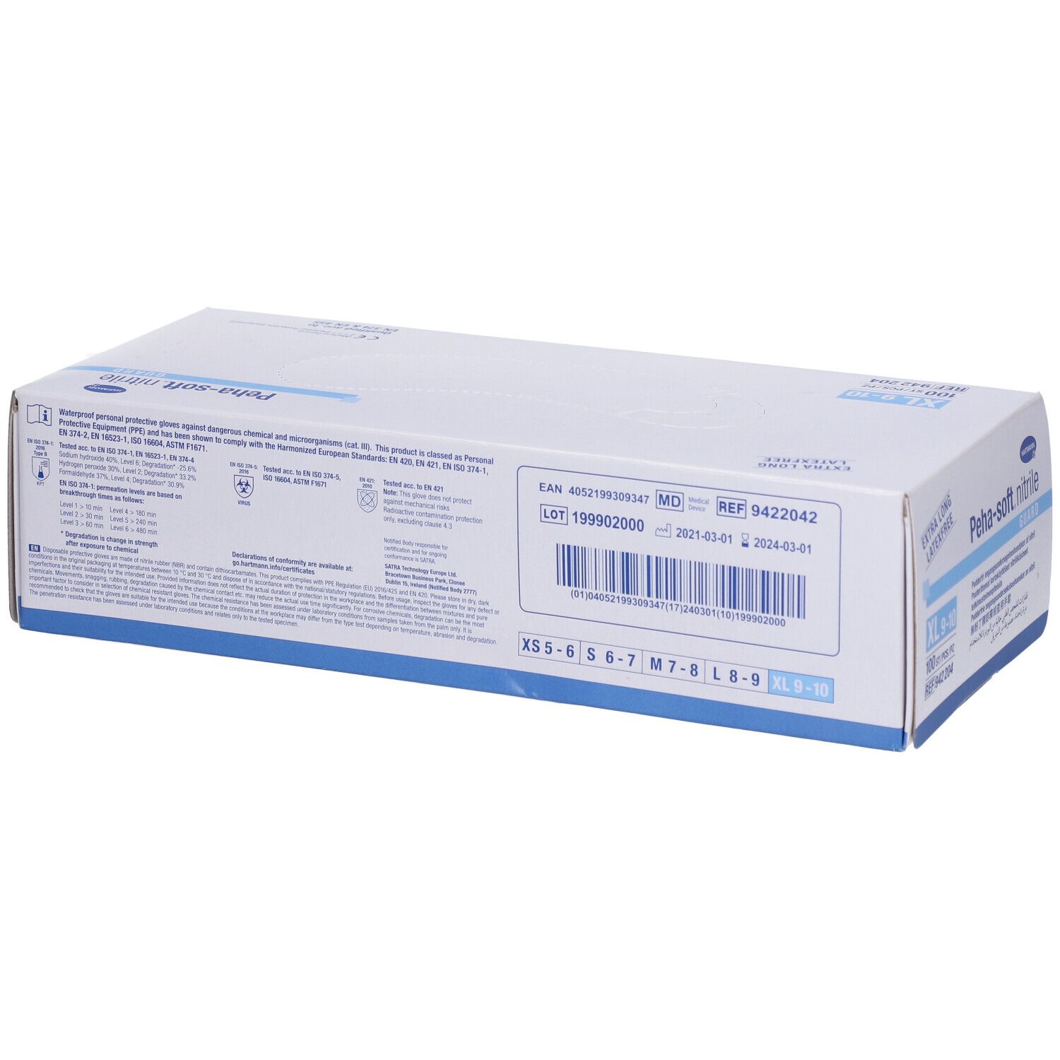 Dos de la boîte avec informations sur les gants Peha-soft nitrile guard. Tailles.
