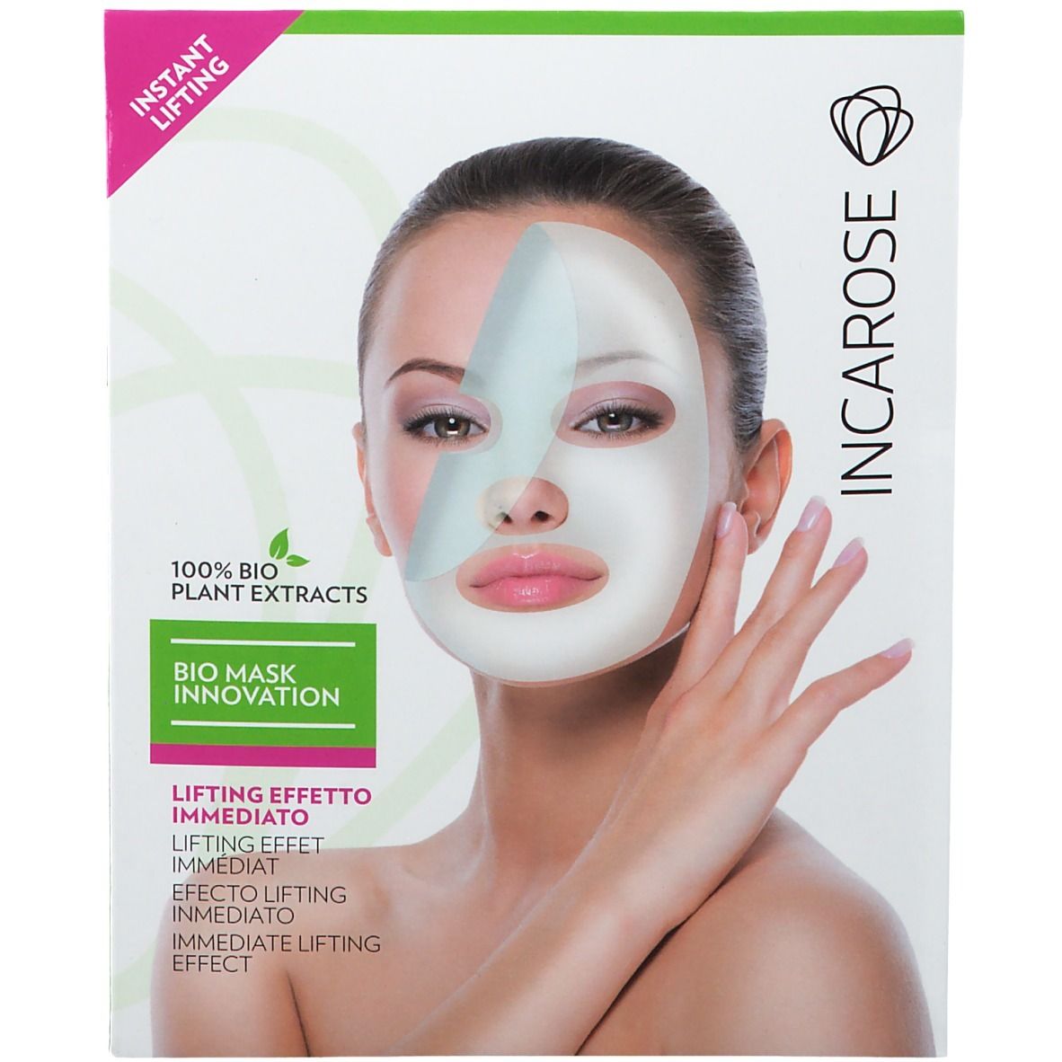 Masque facial sur une femme. Inscription: Incarose, Bio Mask Innovation, Instant Lifting, 100% extraits végétaux bio.