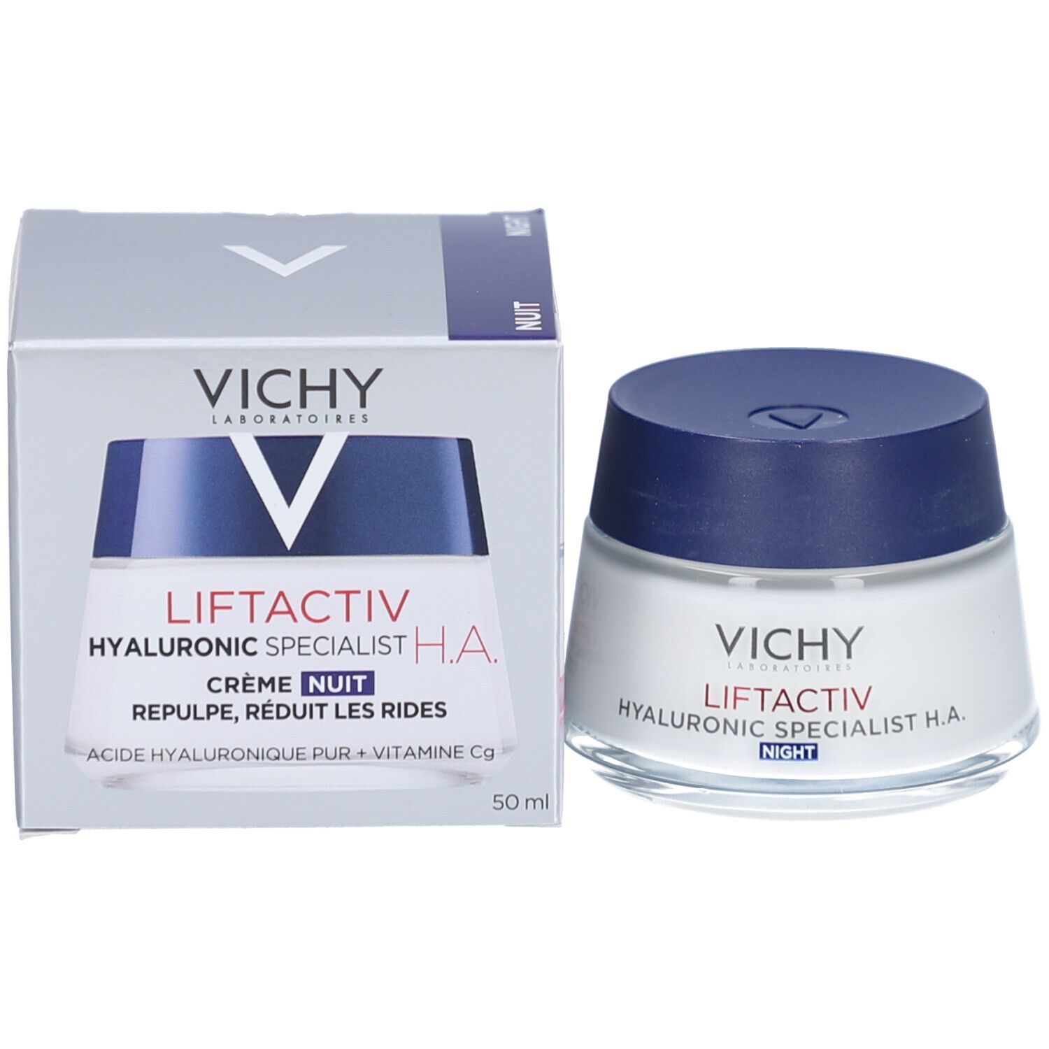 Vichy Liftactiv Hyaluronic Specialist H.A. Nuit. Pot et emballage. Nom du produit visible.