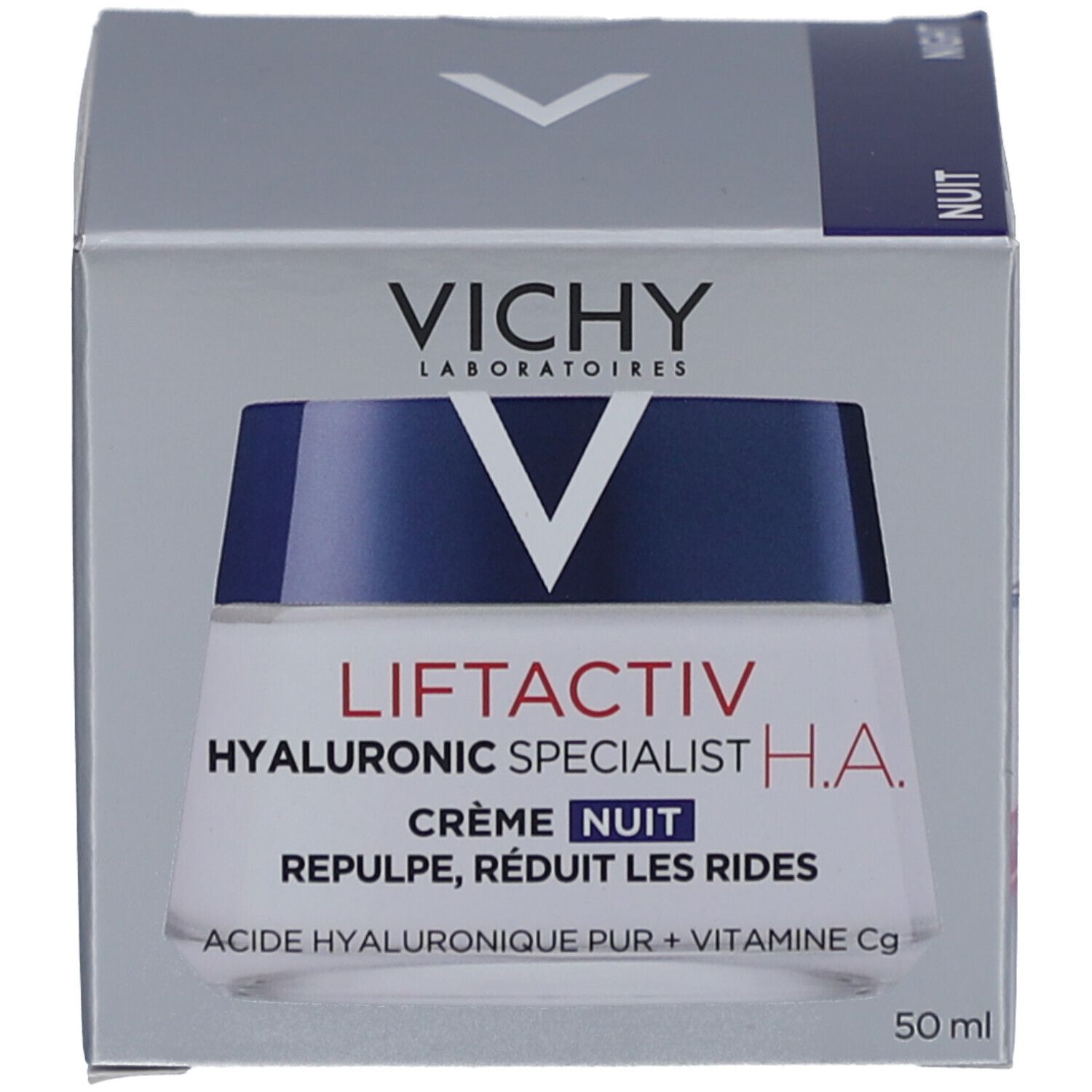 Vichy Liftactiv Hyaluronic Specialist H.A. Nuit. Pot et emballage. Nom du produit visible.