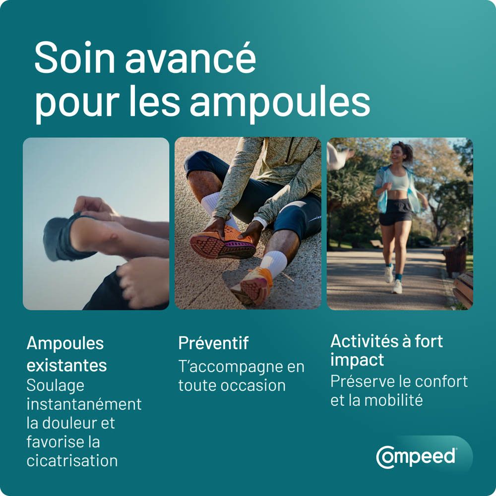 Trois images: pieds avec ampoules, personne assise, personne courant. Texte: Soin avancé pour les ampoules. Compeed®