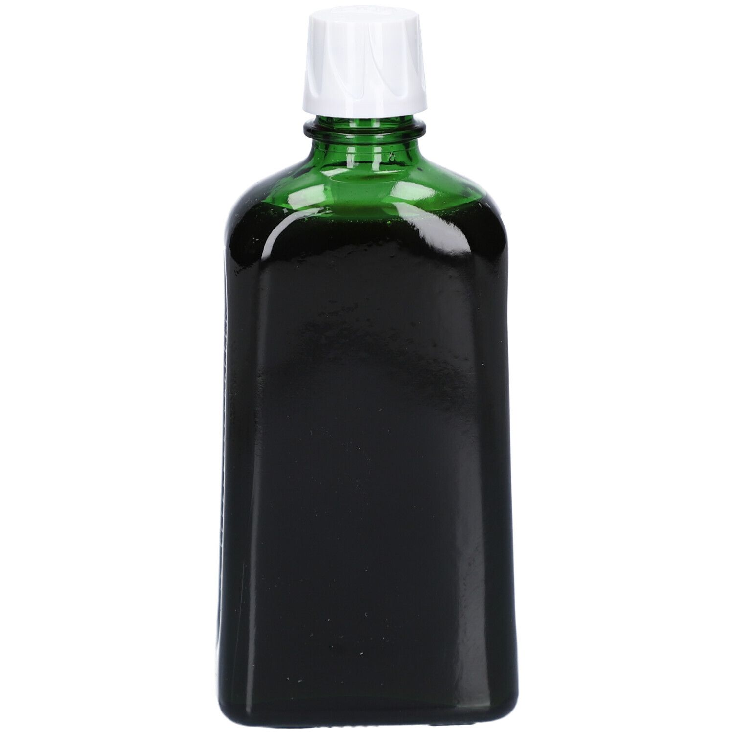 Flacon en verre vert avec bouchon blanc. Produit sans étiquette. Liquide vert foncé.