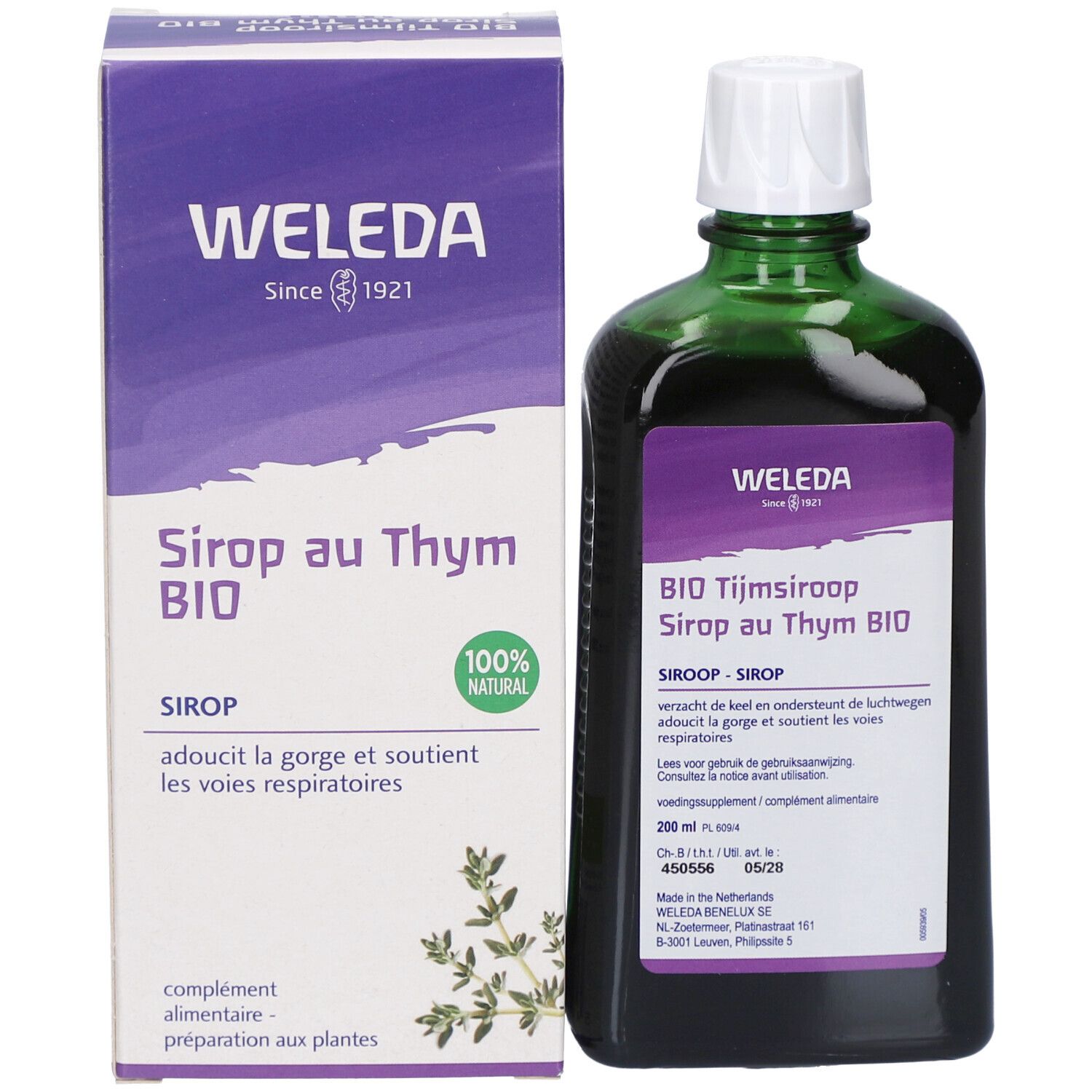 Emballage du produit : flacon et boîte. Flacon : vert, bouchon blanc. Boîte : blanc, étiquette violette. Marque : Weleda. Nom du produit : BIO Tijmsiroop.