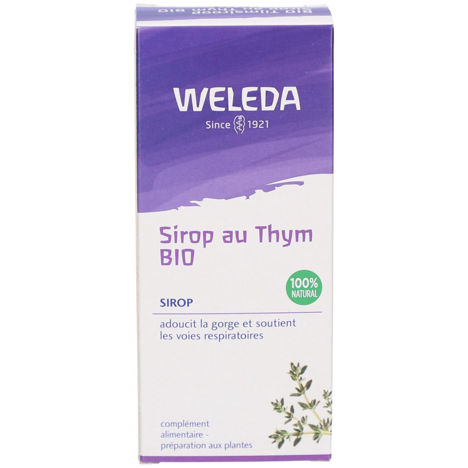 Emballage en carton. Blanc avec étiquette violette. Nom du produit : BIO Tijmsiroop. Marque : Weleda. Logo : 100% naturel. Illustration de thym.