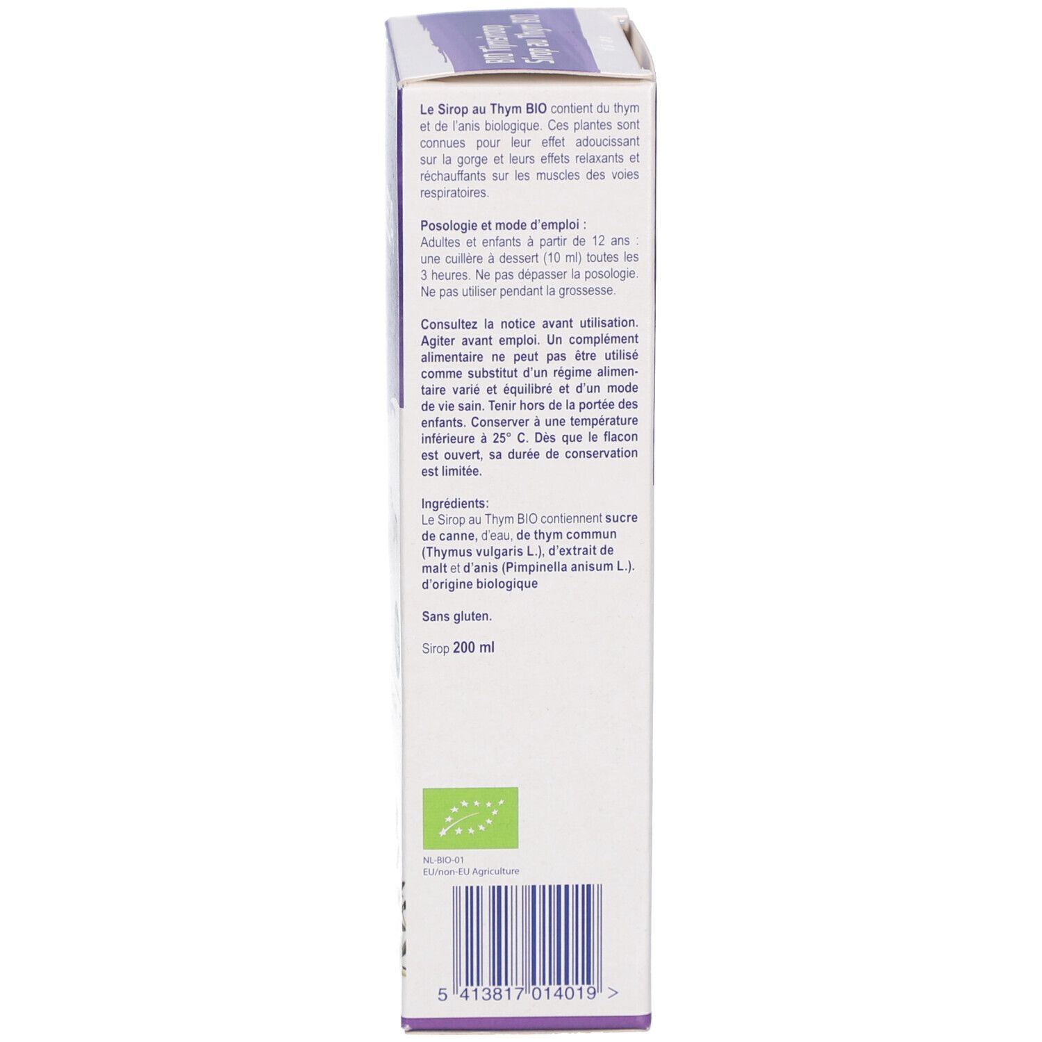 Dos de l'emballage en carton. Texte en plusieurs langues. Liste des ingrédients, posologie, informations fabricant. Logo : certification bio.