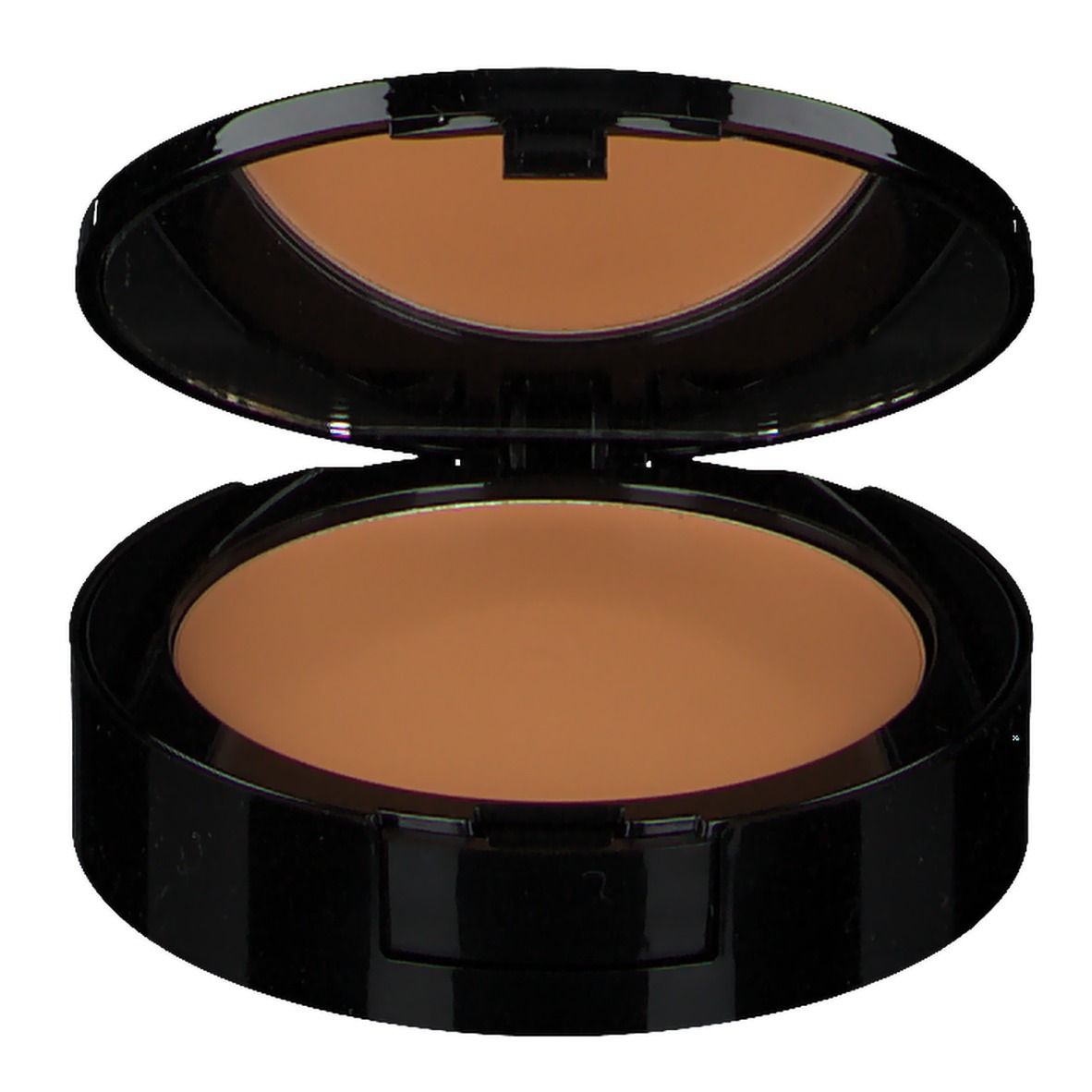 Maquillage compact avec miroir. Boîtier noir, couvercle ouvert. Teinte marron clair.