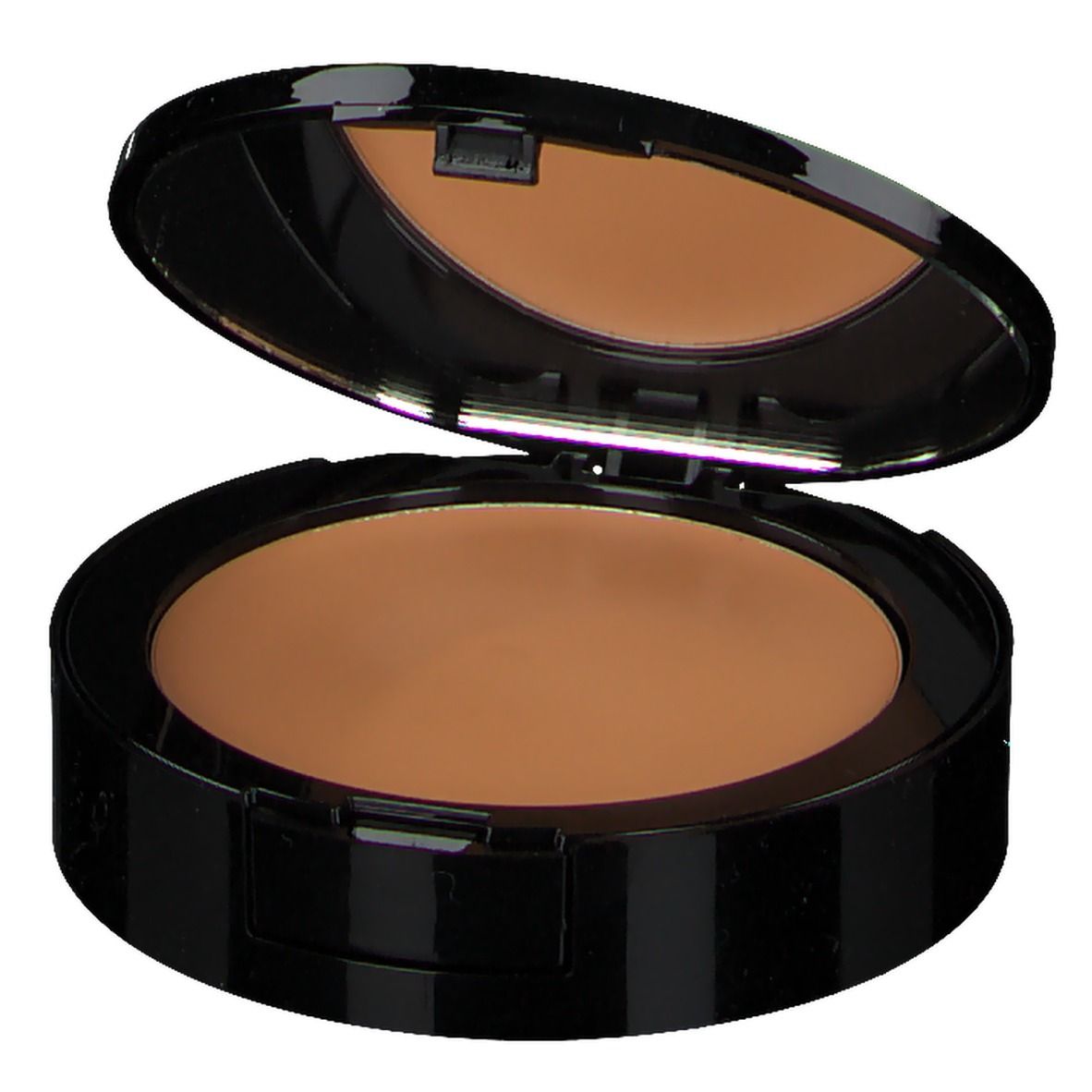 Maquillage compact avec miroir. Boîtier noir, couvercle ouvert. Teinte marron clair.