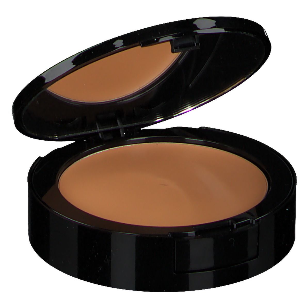 Maquillage compact avec miroir. Boîtier noir, couvercle ouvert. Teinte marron clair.