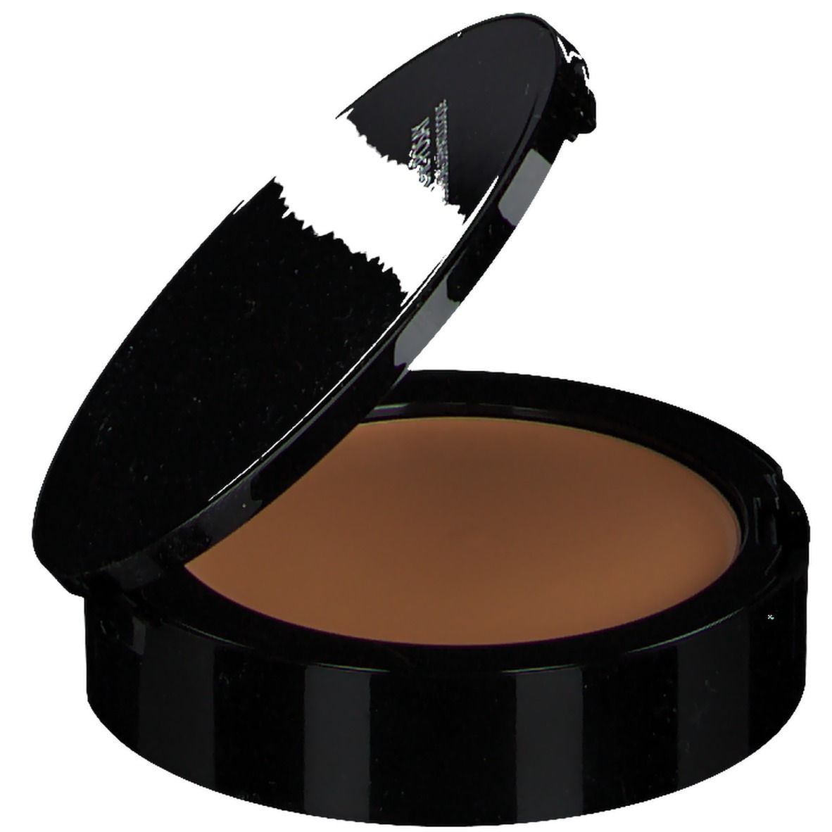 Maquillage compact avec miroir. Boîtier noir, couvercle ouvert. Teinte marron clair.