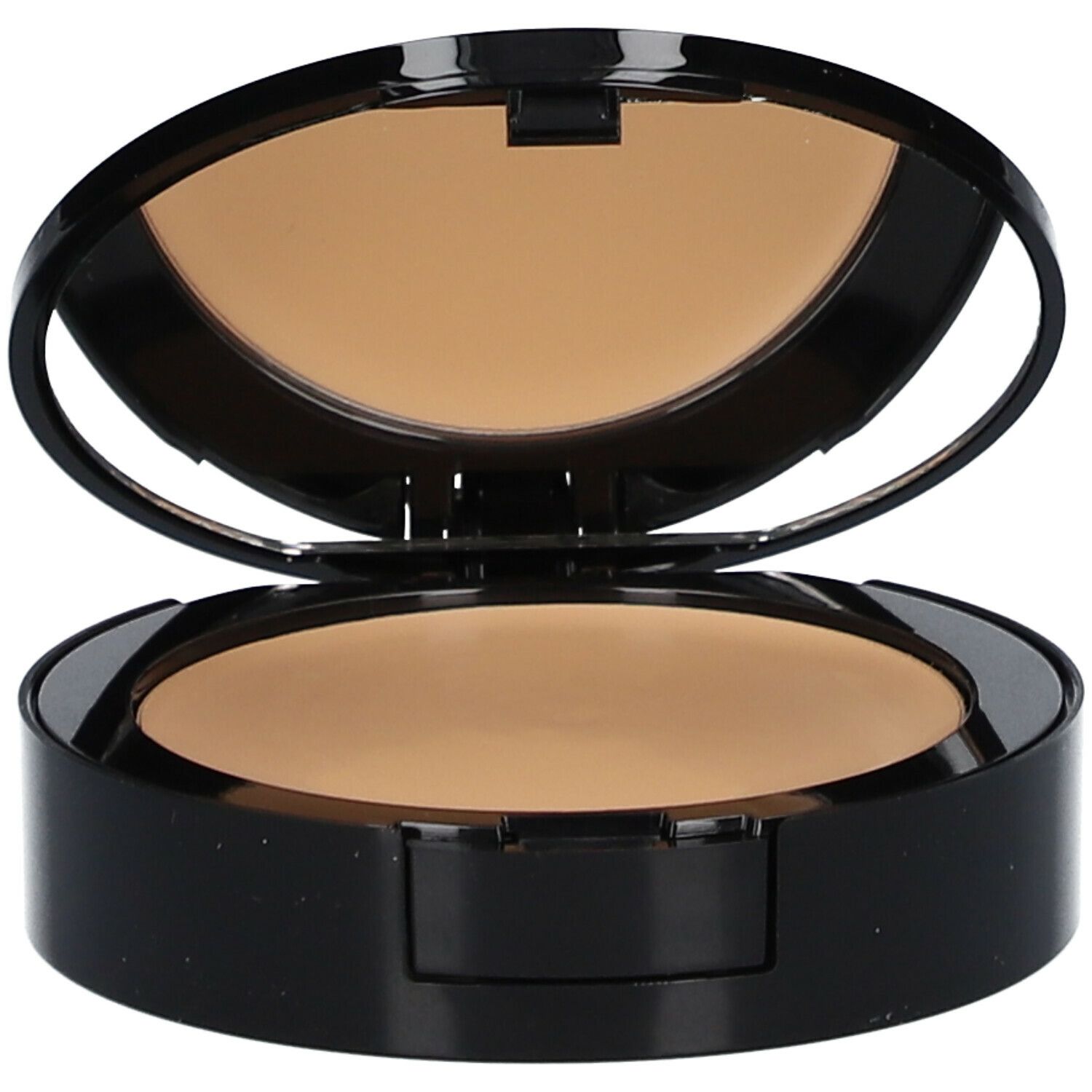 Maquillage compact ouvert avec miroir. Boîtier noir, poudre teintée. Miroir dans le couvercle.