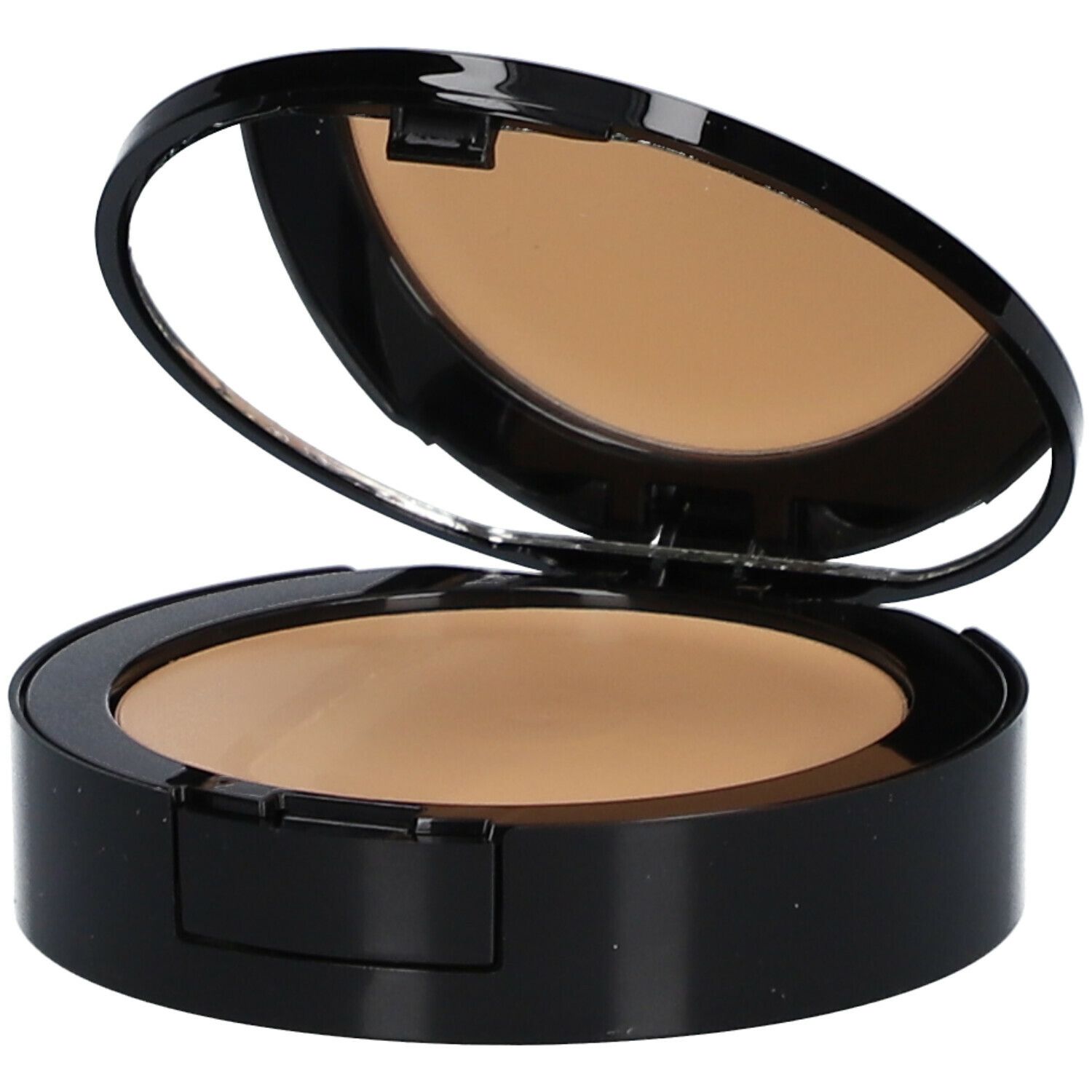 Maquillage compact ouvert avec miroir. Boîtier noir, poudre teintée. Miroir dans le couvercle.