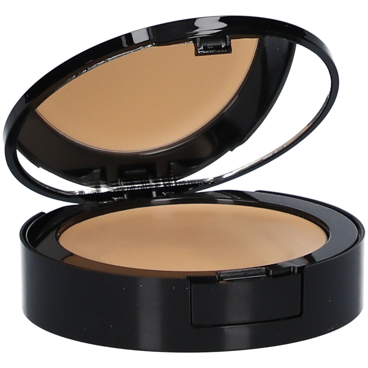Maquillage compact ouvert avec miroir. Boîtier noir, poudre teintée. Miroir dans le couvercle.