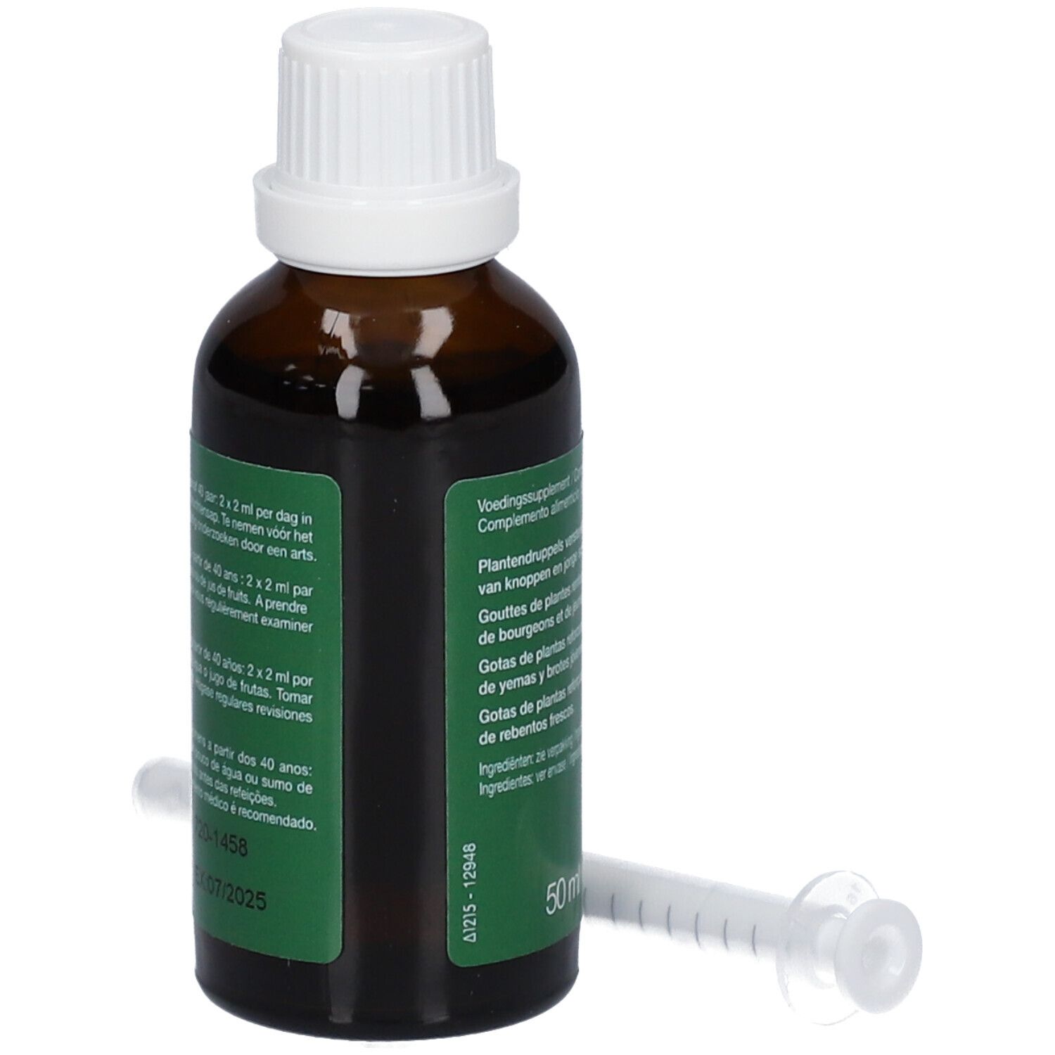 Flacon en verre brun avec bouchon blanc et étiquette verte. Contient du liquide. Comprend une seringue. Texte: Prossaplan, 50 ml.