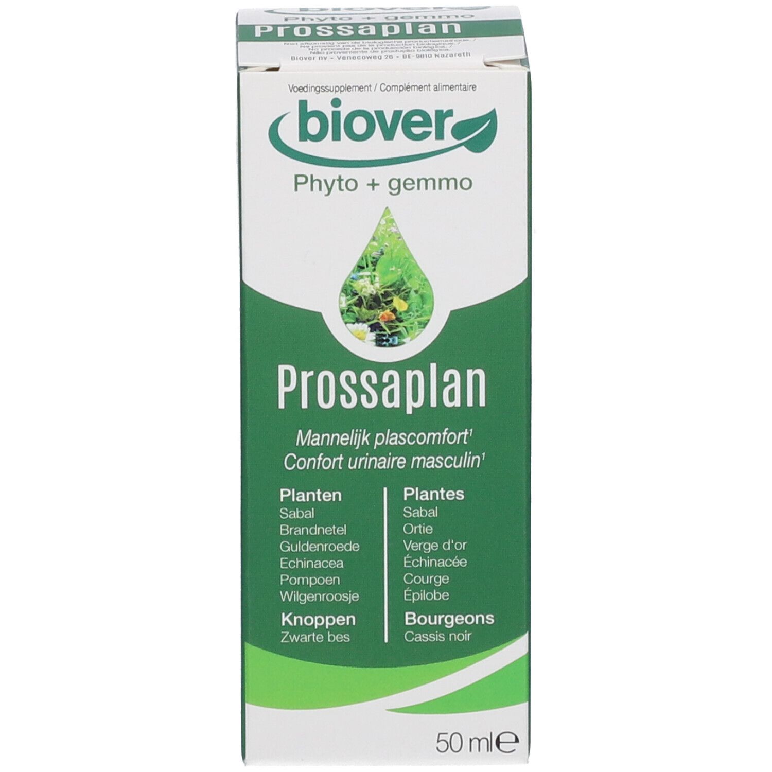 Boîte verte avec texte blanc. Texte: Prossaplan, 50 ml. Contient des ingrédients. Marque: Biover. Avec informations produit.