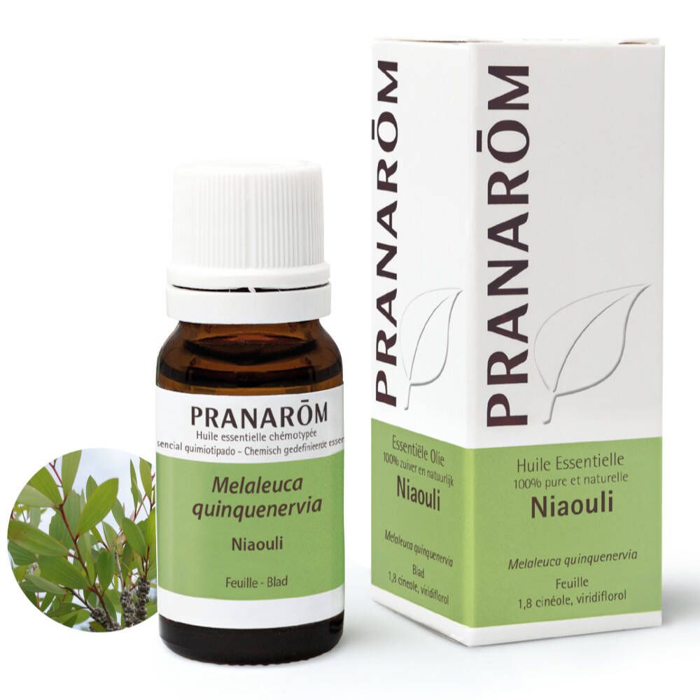 Flacon en verre brun avec bouchon blanc et étiquette. Contient de l'huile essentielle. Boîte avec informations produit. PRANAROM Niaouli.