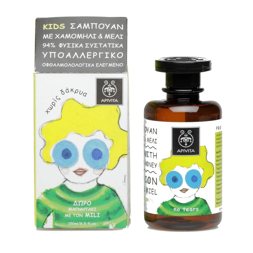 Apivita Kids Shampoing. Flacon et boîte avec dessin enfant. Inscription: Camomille & Miel. Sans larmes.