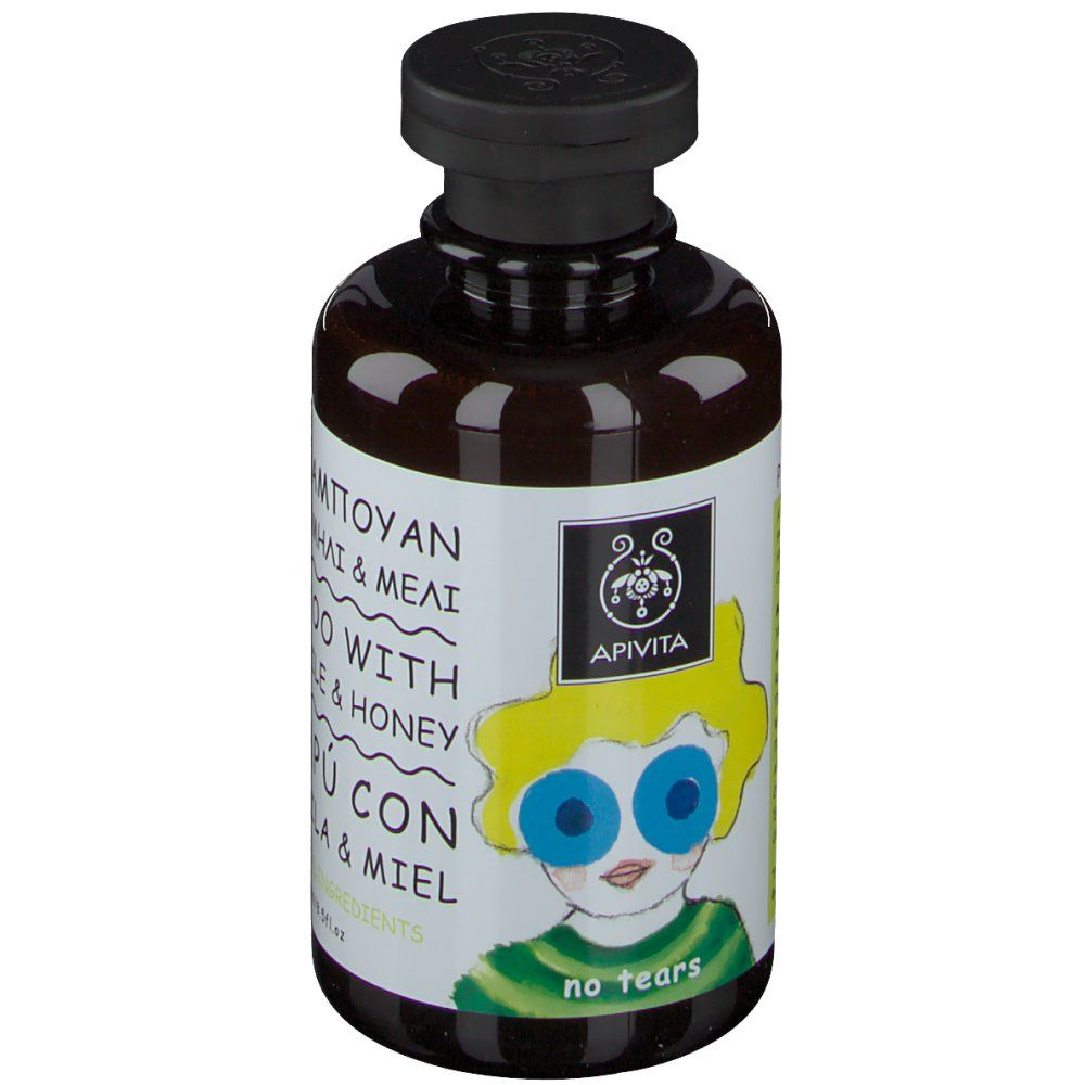 Apivita Kids Shampoing. Bouteille avec dessin enfant et inscription: Camomille & Miel. Sans larmes. Logo Apivita.