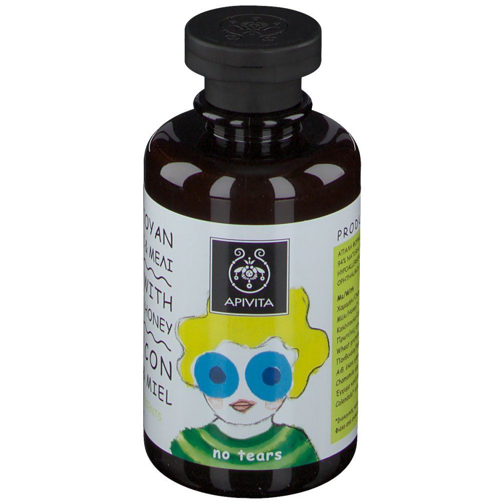 Apivita Kids Shampoing. Bouteille avec dessin enfant et inscription: Camomille & Miel. Sans larmes. Logo Apivita.