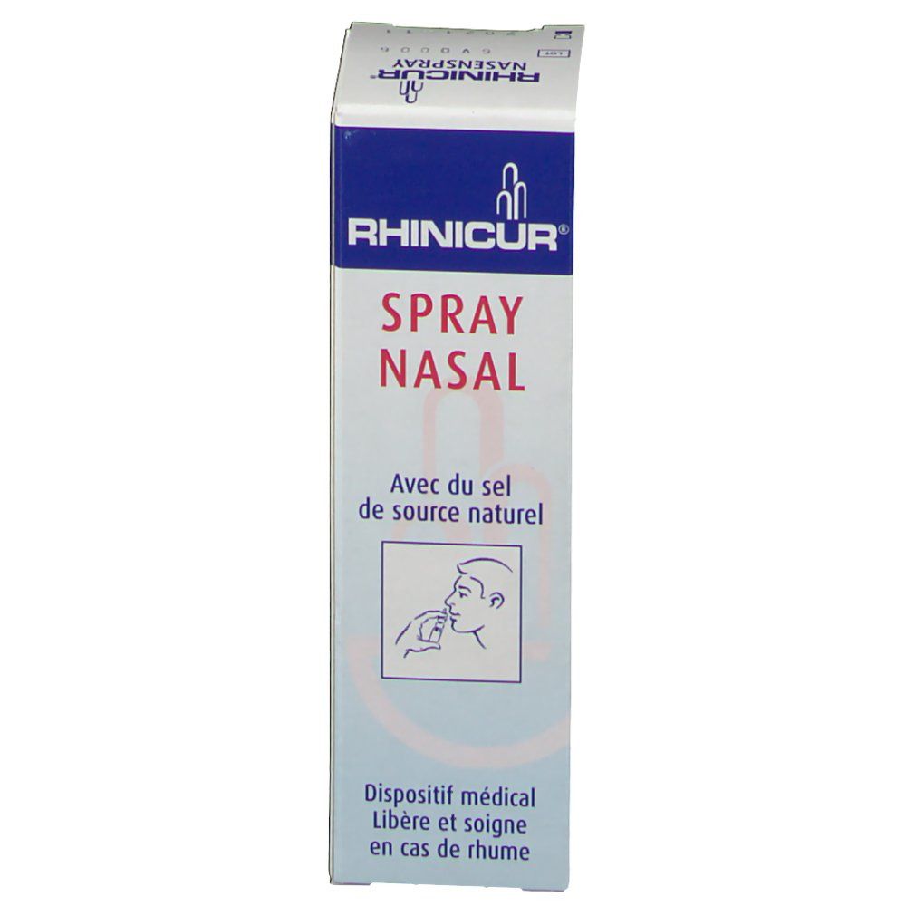 Boîte de spray nasal. Inscription: Spray Nasal, Avec du sel de source naturel. Illustration. Couleurs: bleu et blanc. Dispositif médical.