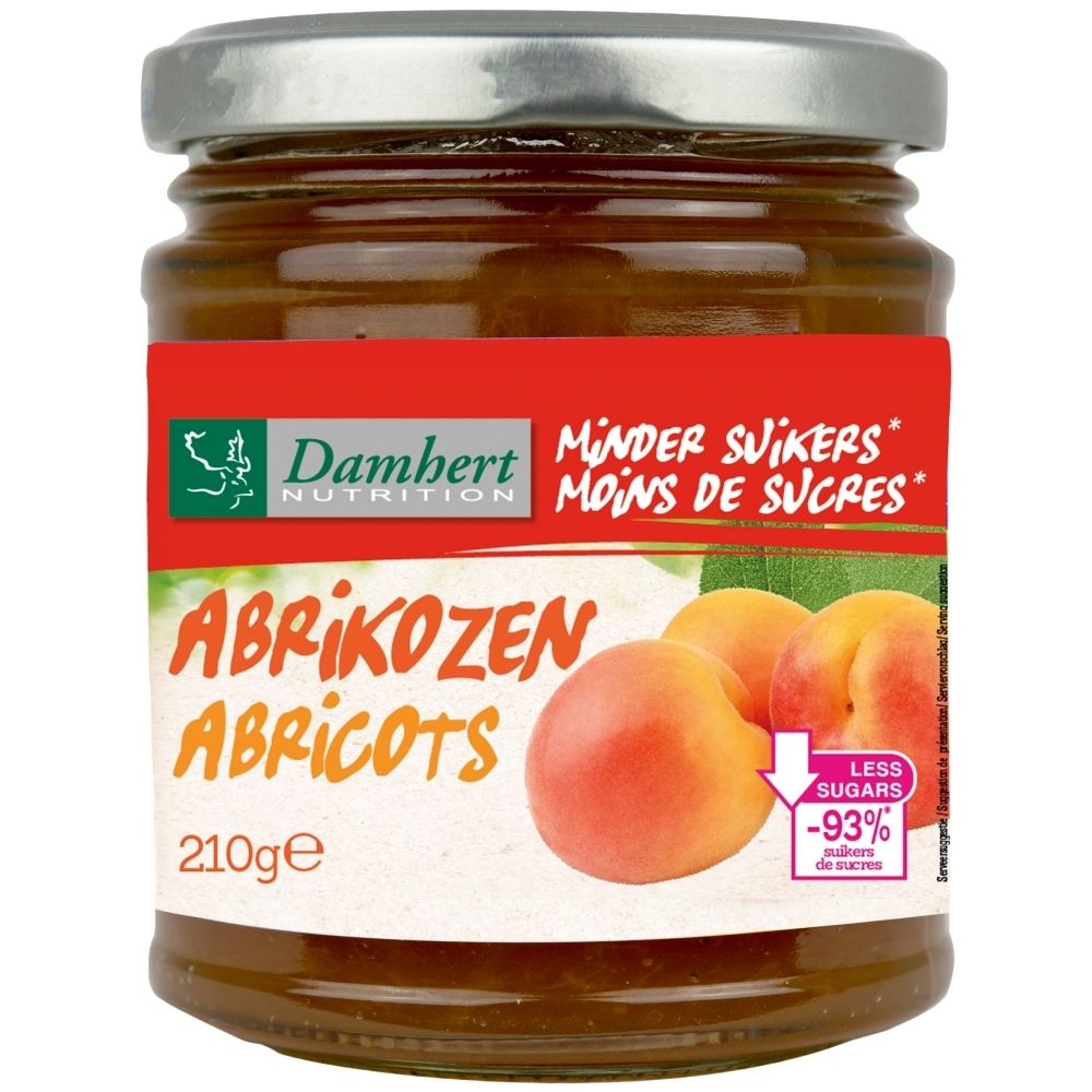 Pot de confiture Damhert Tagatesse Abricot, Low Carb, 210g. Avec Nutri-Score A-E.