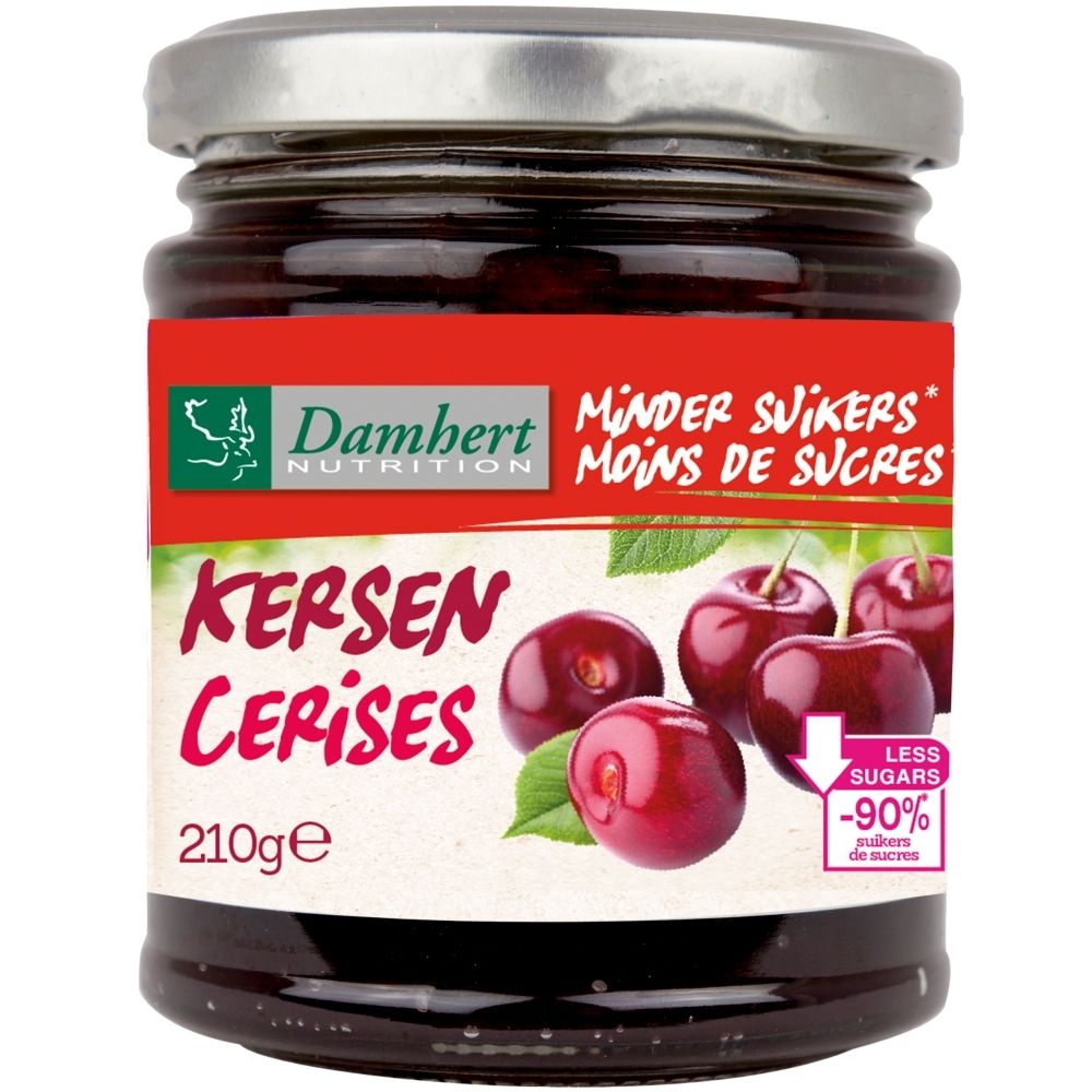 Confiture de cerises Damhert Low Carb, pot de 210g. Étiquette en français.