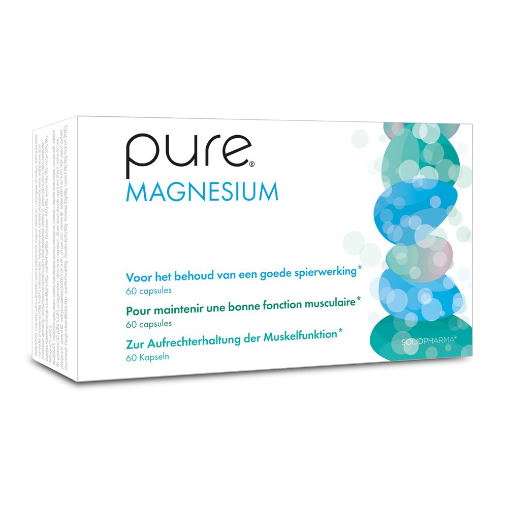 Boîte "pure Magnesium". Décor bleu et vert. Texte: 60 capsules 450 mg.