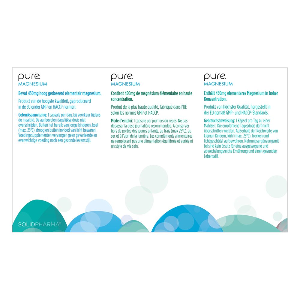 Boîte "pure Magnesium" en biais. Texte: ingrédients, informations nutritionnelles.
