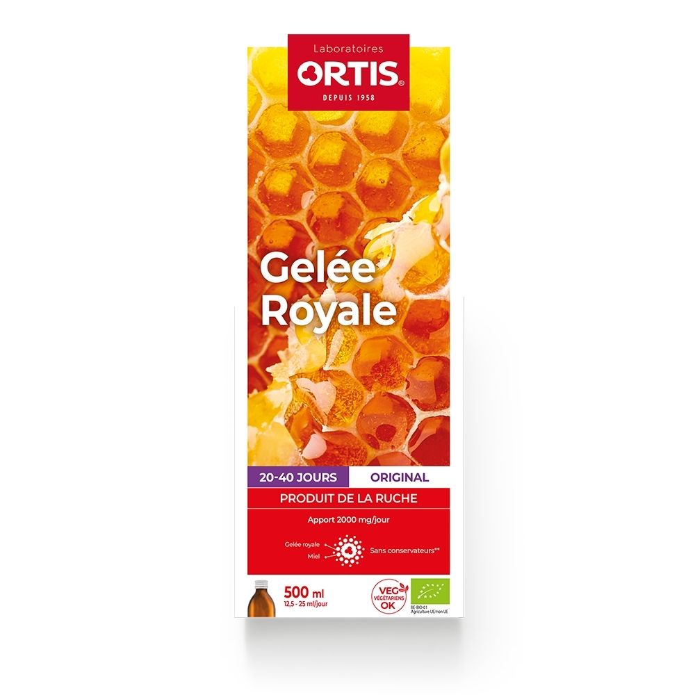Emballage Ortis Gelée Royale avec motif alvéolé et illustration de gelée royale.