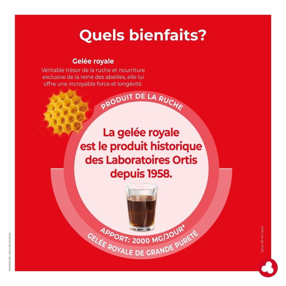 Emballage Ortis Gelée Royale avec motif alvéolé et illustration de gelée royale.