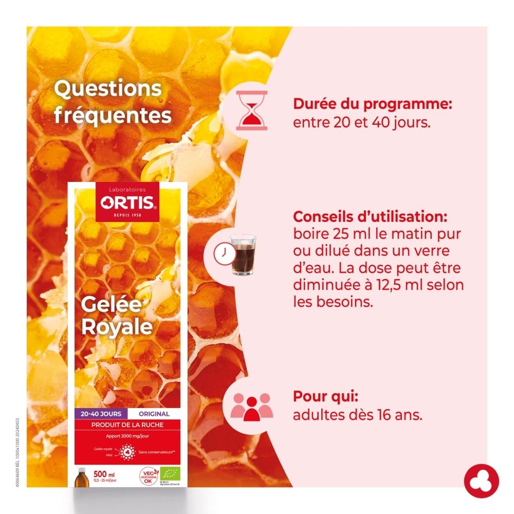 Emballage Ortis Gelée Royale avec motif alvéolé et illustration de gelée royale.