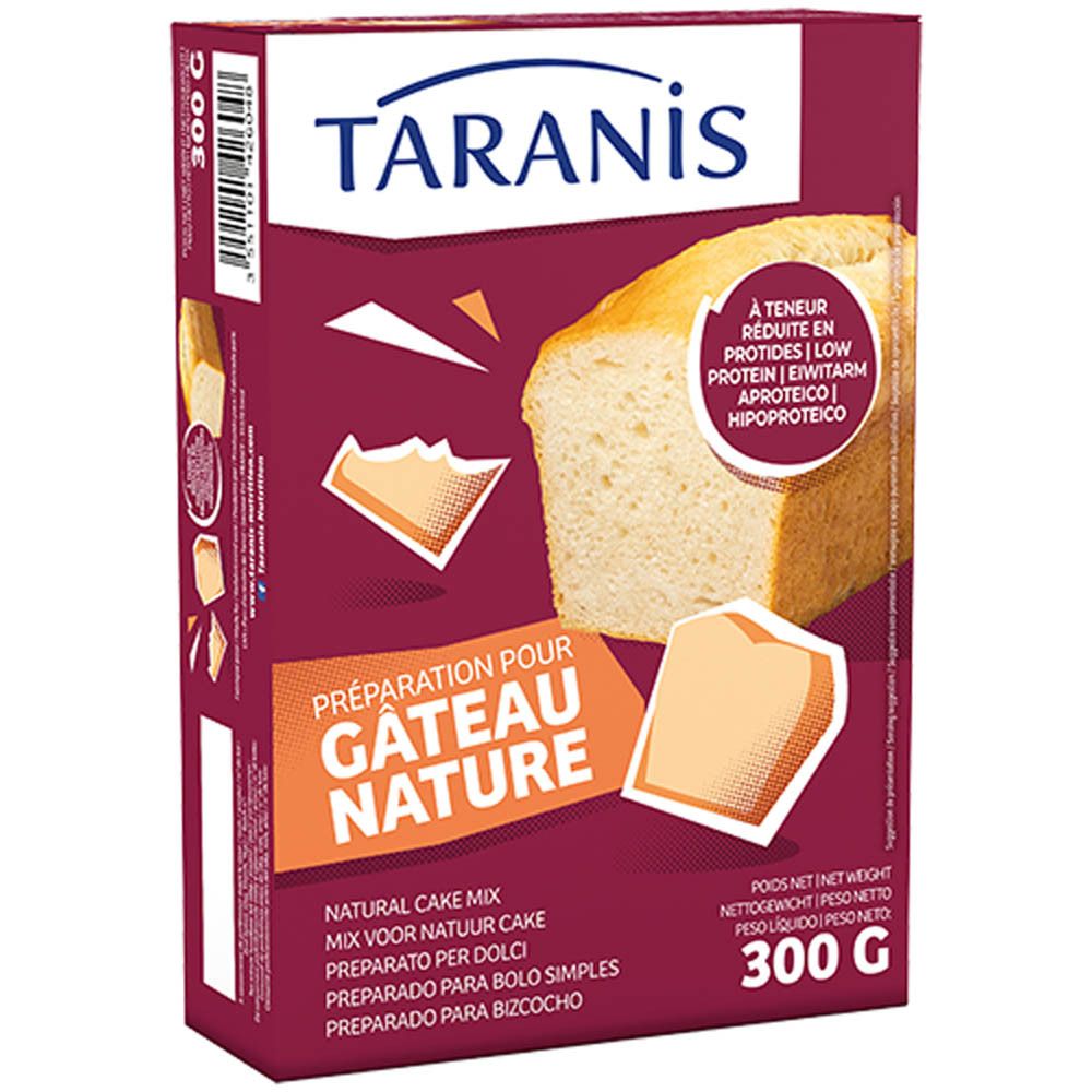 Boîte rouge avec illustration de gâteau. Inscriptions : Taranis, Préparation pour Gâteau Nature, 300g.