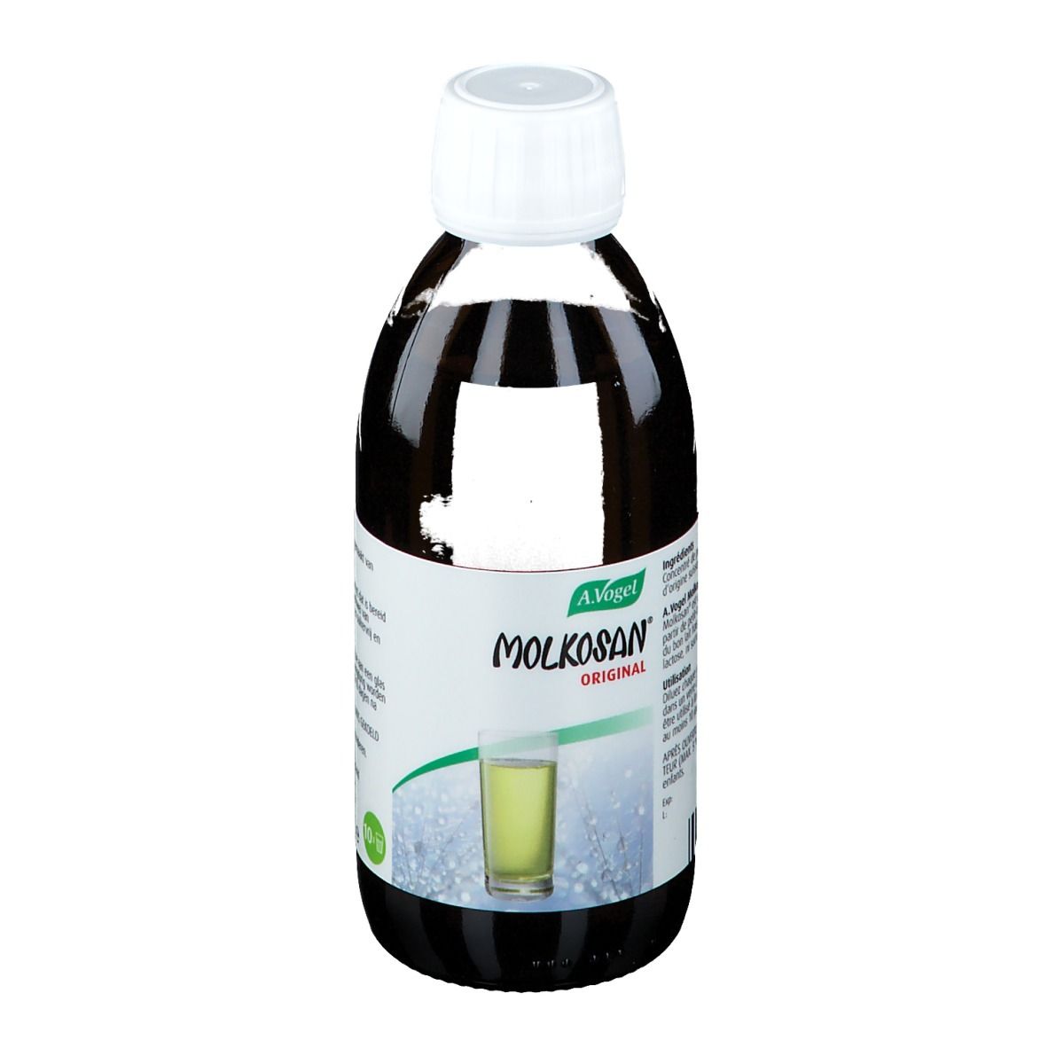 Bouteille A. Vogel Molkosan Original. Liquide brun, bouchon blanc. Étiquette avec nom du produit.
