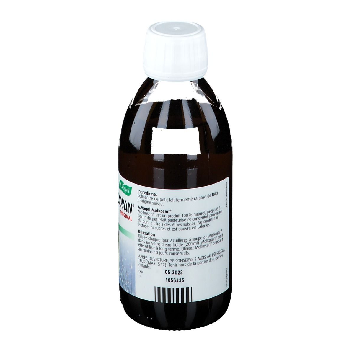 Bouteille A. Vogel Molkosan Original. Liquide brun, bouchon blanc. Étiquette avec informations produit.