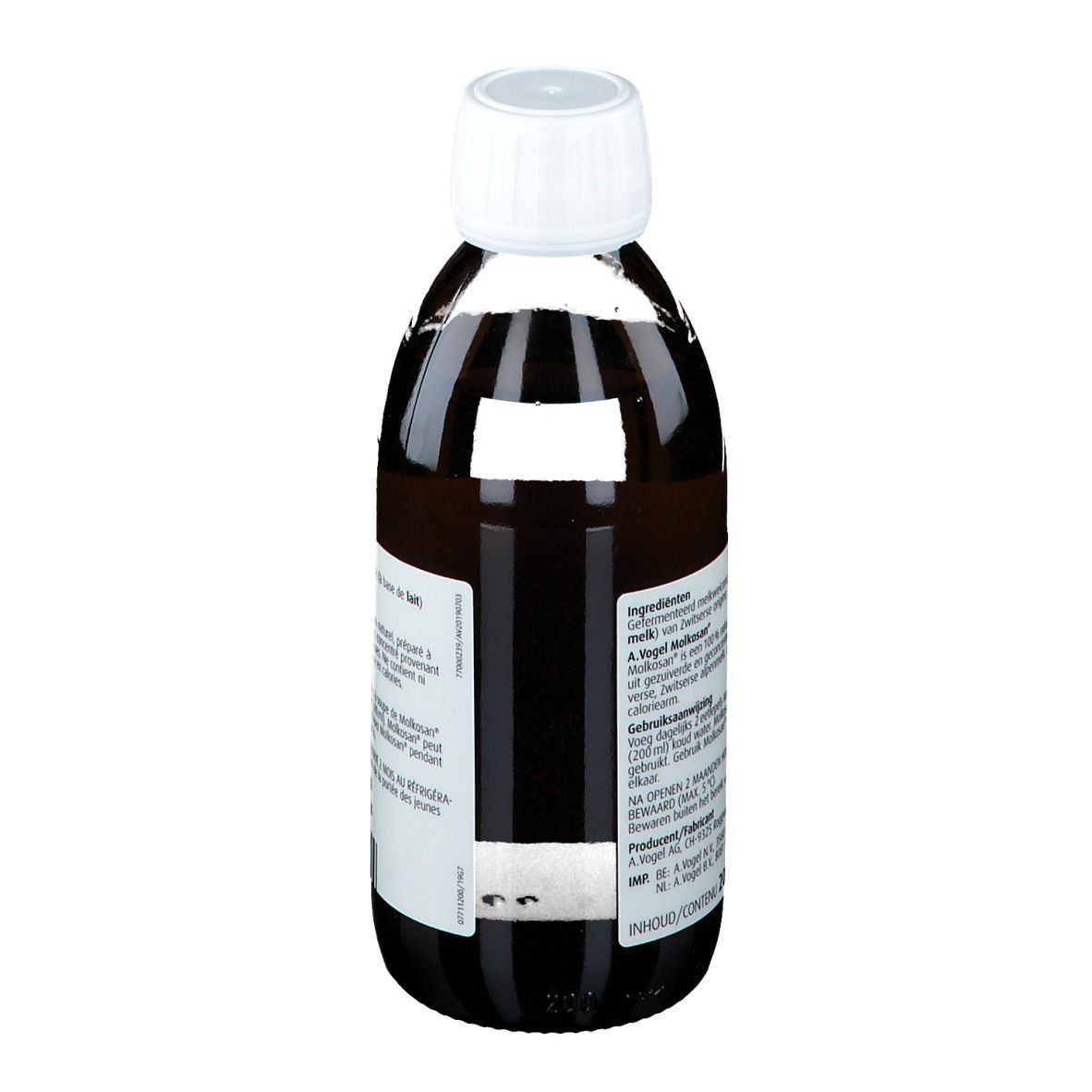 Bouteille A. Vogel Molkosan Original. Liquide brun, bouchon blanc. Étiquette avec informations produit.