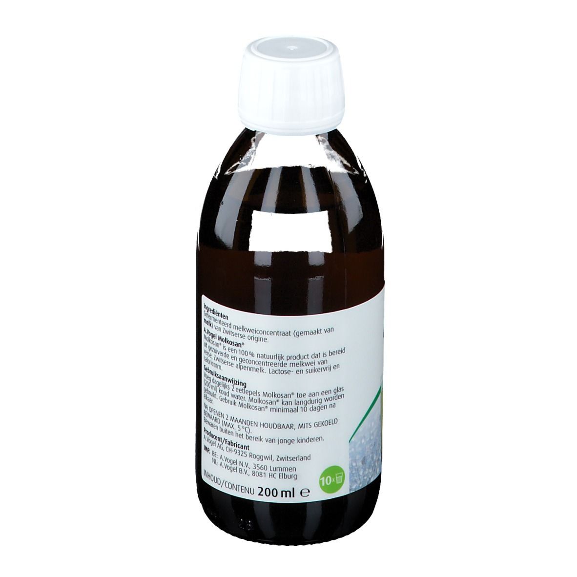 Bouteille A. Vogel Molkosan Original. Liquide brun, bouchon blanc. Étiquette avec informations produit.