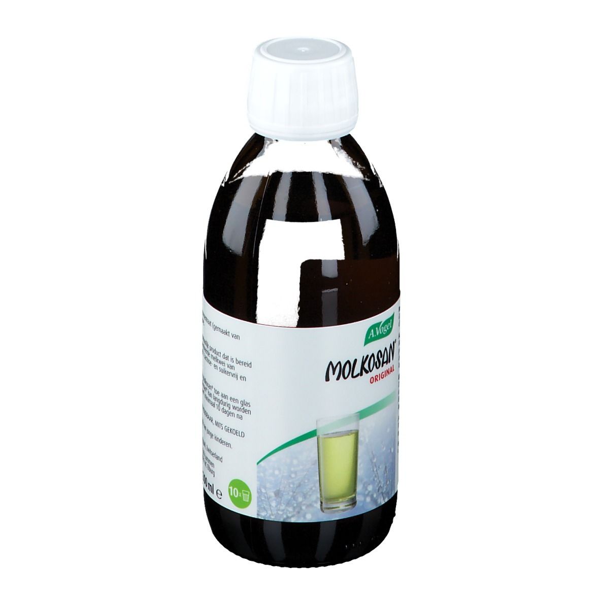 Bouteille A. Vogel Molkosan Original. Liquide brun, bouchon blanc. Étiquette avec informations produit.
