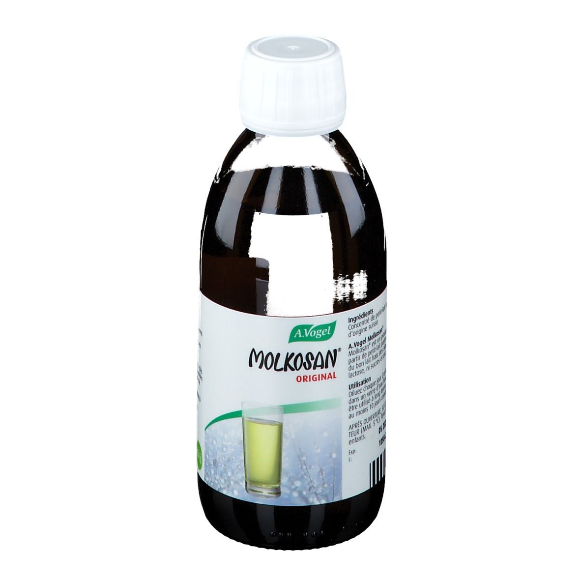 Bouteille A. Vogel Molkosan Original. Liquide brun, bouchon blanc. Étiquette avec informations produit.