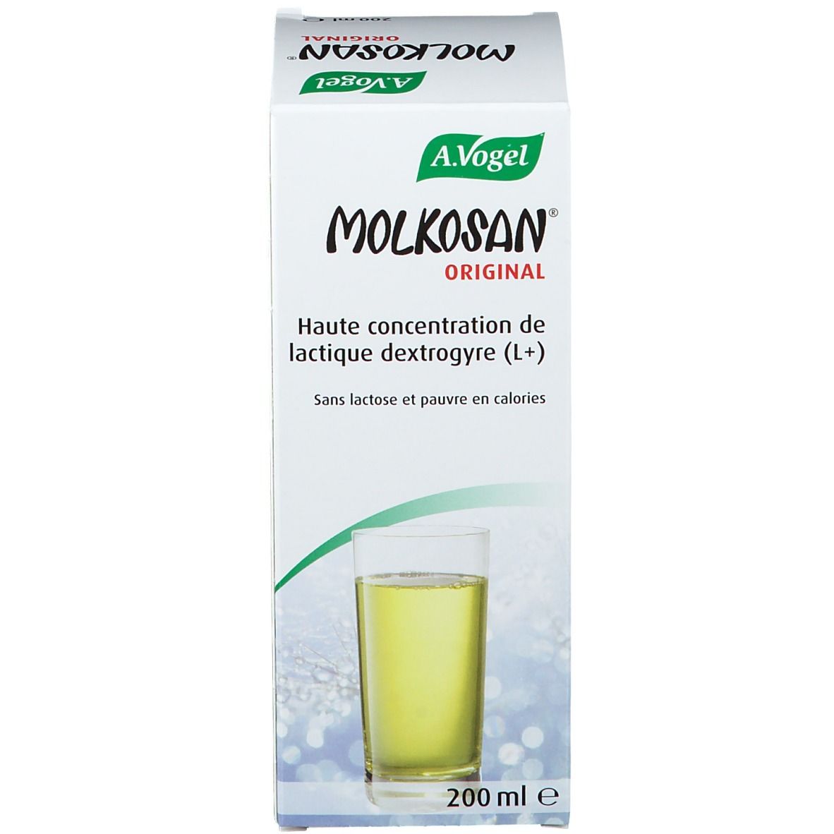 Emballage A. Vogel Molkosan Original. Boîte blanche avec nom du produit et image de verre. 200 ml.