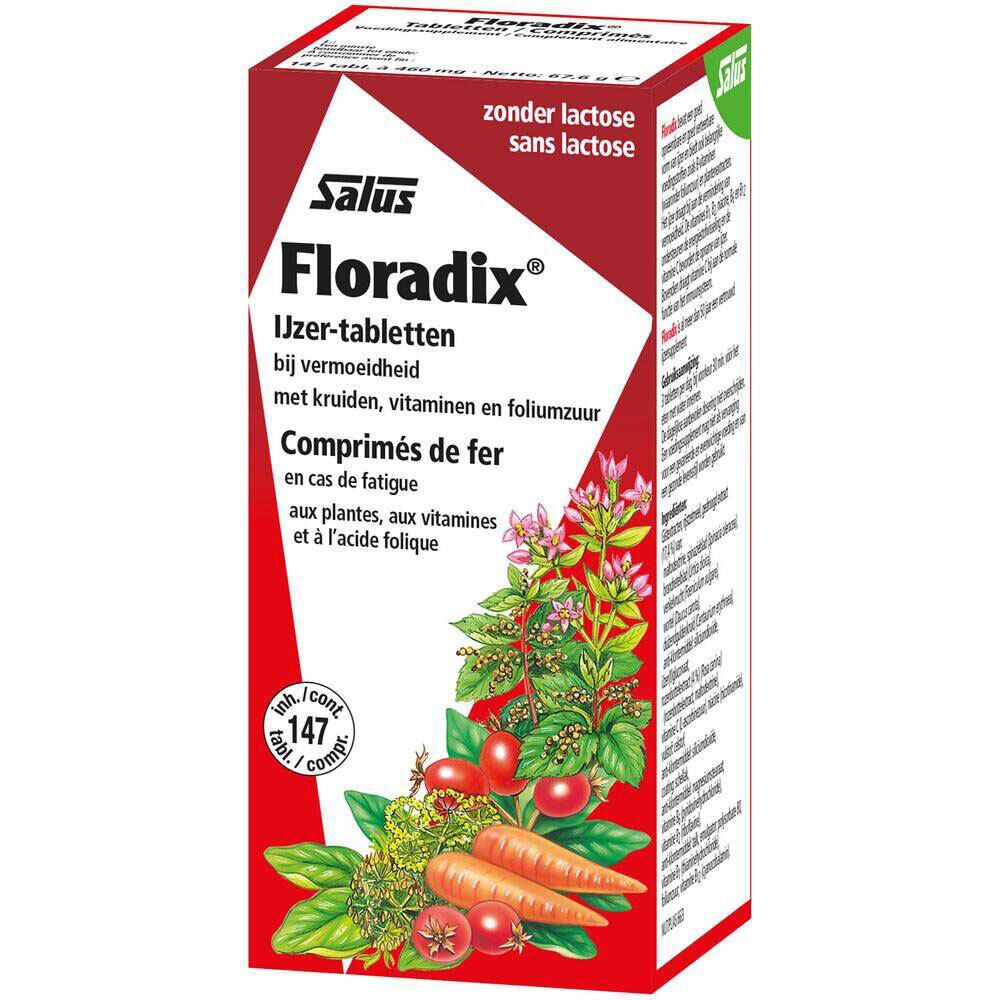 Boîte de Floradix® Eisentabletten. Rouge, avec nom du produit, illustrations de plantes et légumes.