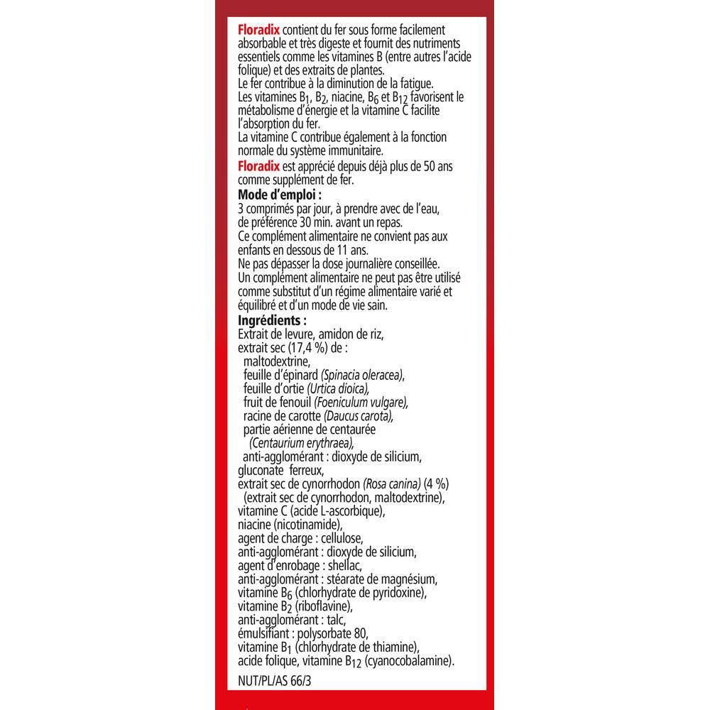 Dos de la boîte de Floradix® Eisentabletten. Texte multilingue, liste des ingrédients et instructions d'utilisation.