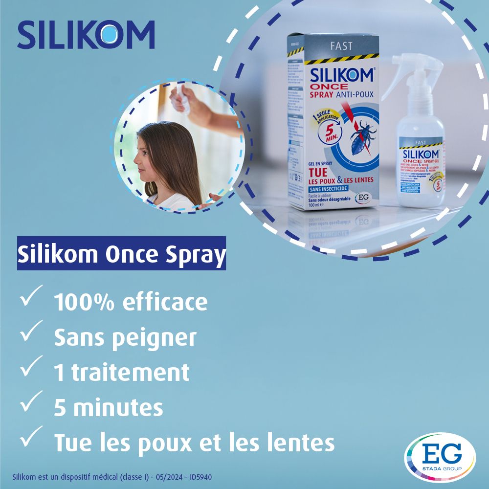 Enfant avec des poux sur la tête, à côté de la boîte Silikom Once Spray Anti-poux.