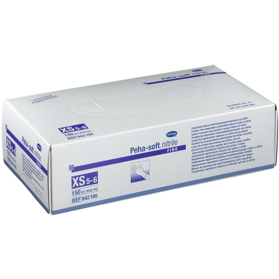 Boîte blanche de gants Peha-soft nitrile fino, taille XS 5-6. 150 pièces/boîte. Informations produit et logo.