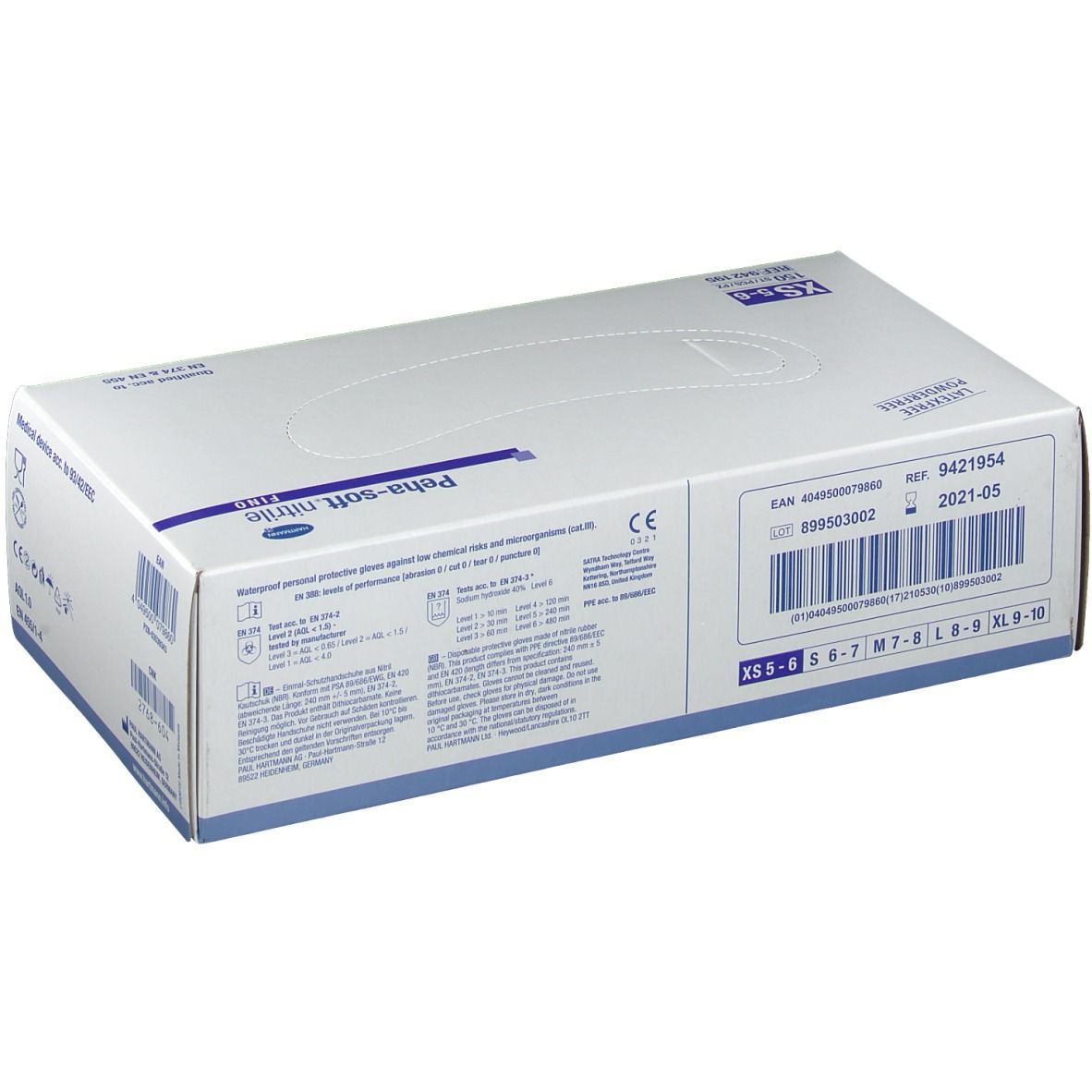 Boîte de gants Peha-soft nitrile fino, taille XS 5-6. Code-barres, numéro de lot et date de péremption. Marquage CE.