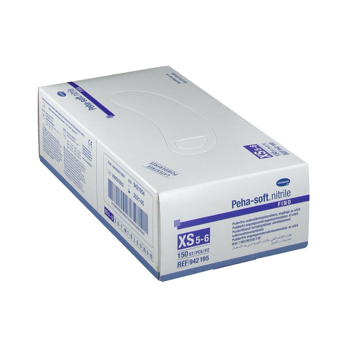 Boîte de gants Peha-soft nitrile fino, taille XS 5-6. 150 pièces/boîte. Informations produit et logo.