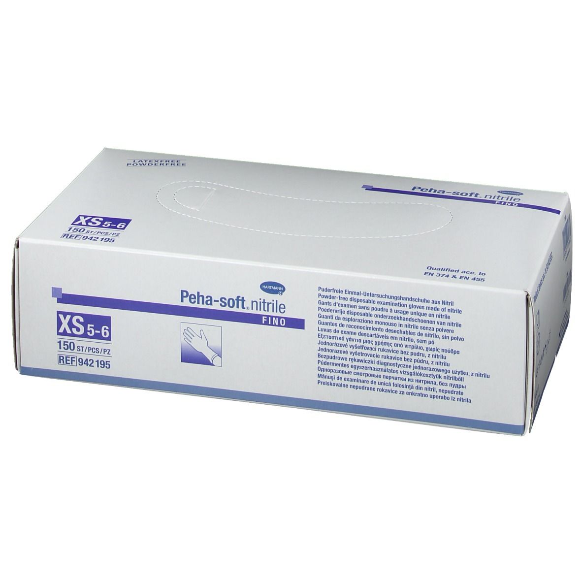 Boîte de gants Peha-soft nitrile fino, taille XS 5-6. 150 pièces/boîte. Informations produit et logo.