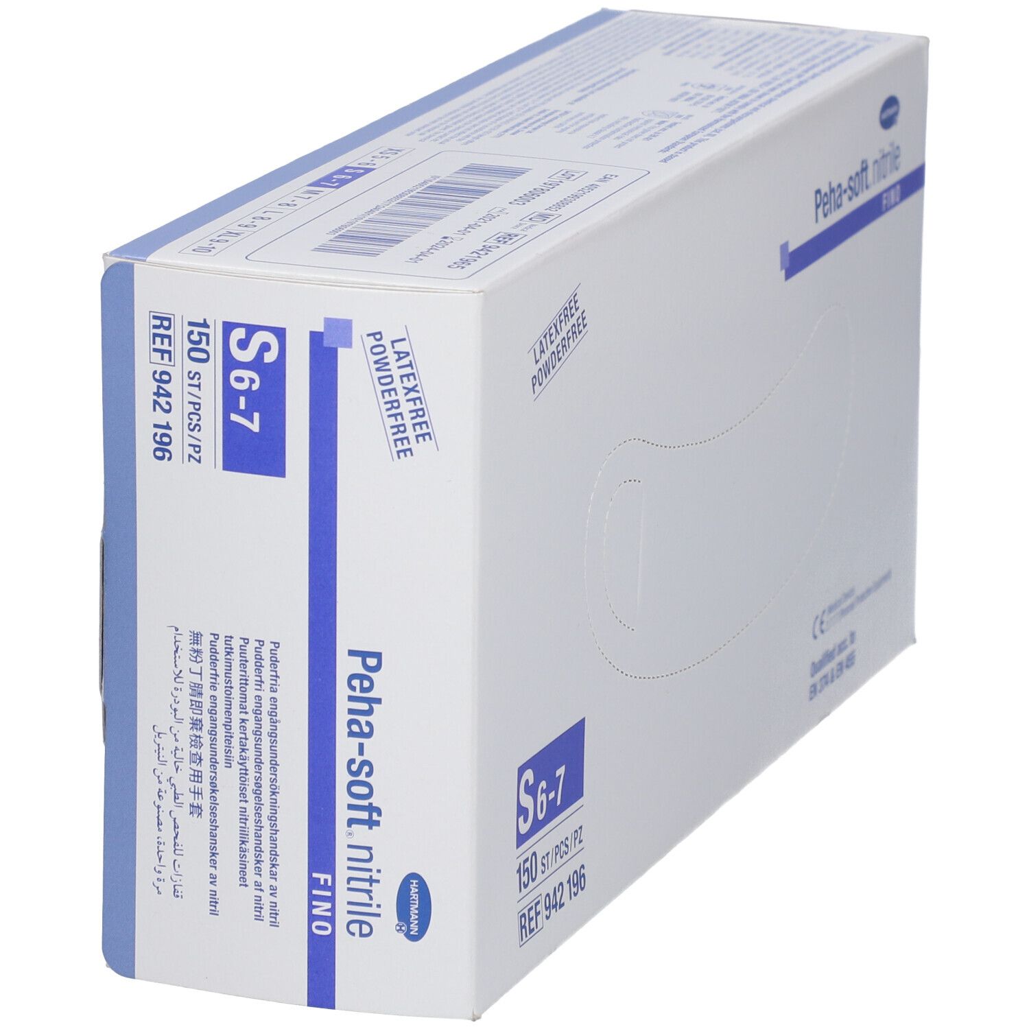 Vue en biais d'une boîte de gants Peha-soft nitrile fino. Taille S 6-7, 150 pièces. Sans latex et sans poudre.
